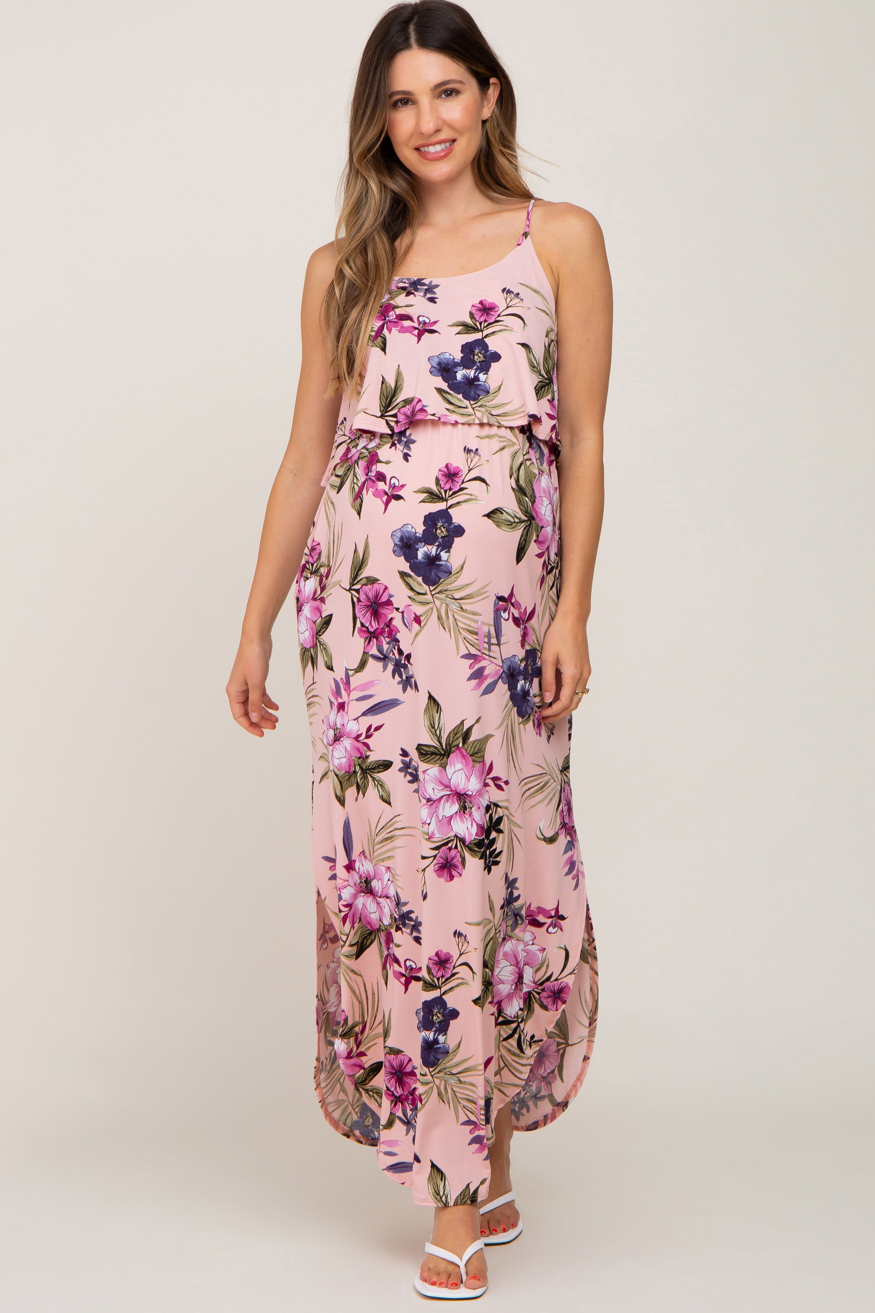 Pink Floral Side Slit Maternity Maxi Dress sold by Pinkblush