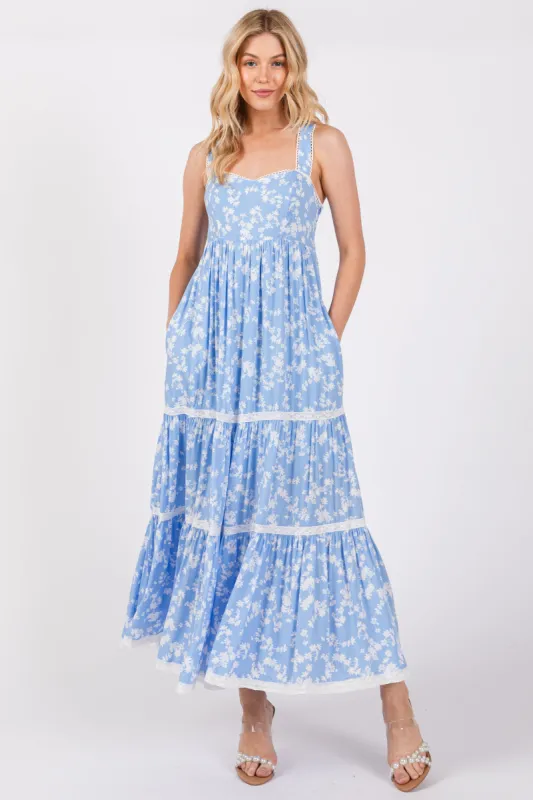 Light Blue Floral Lace Trim Tiered Maxi Dress sold by Pinkblush