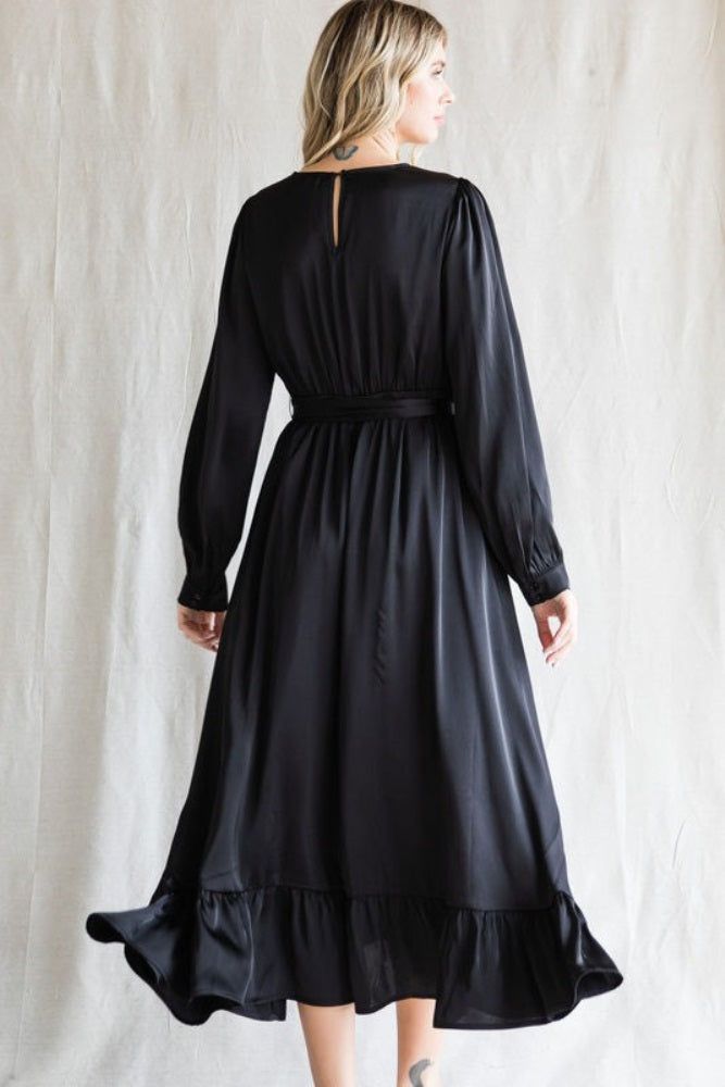 Black Satin Belted Waist Midi Dress sold by Pinkblush product image thumbnail 2