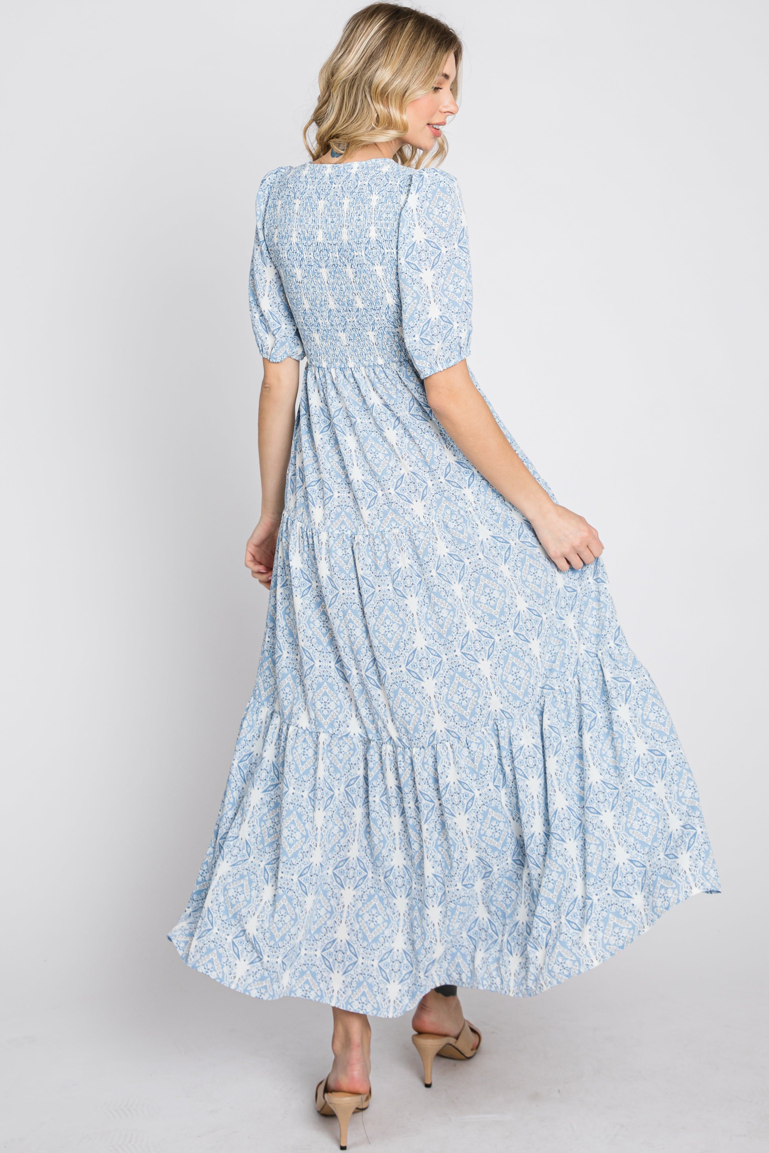 Blue Paisley Print Smocked Tiered Maxi Dress sold by Pinkblush product image thumbnail 7