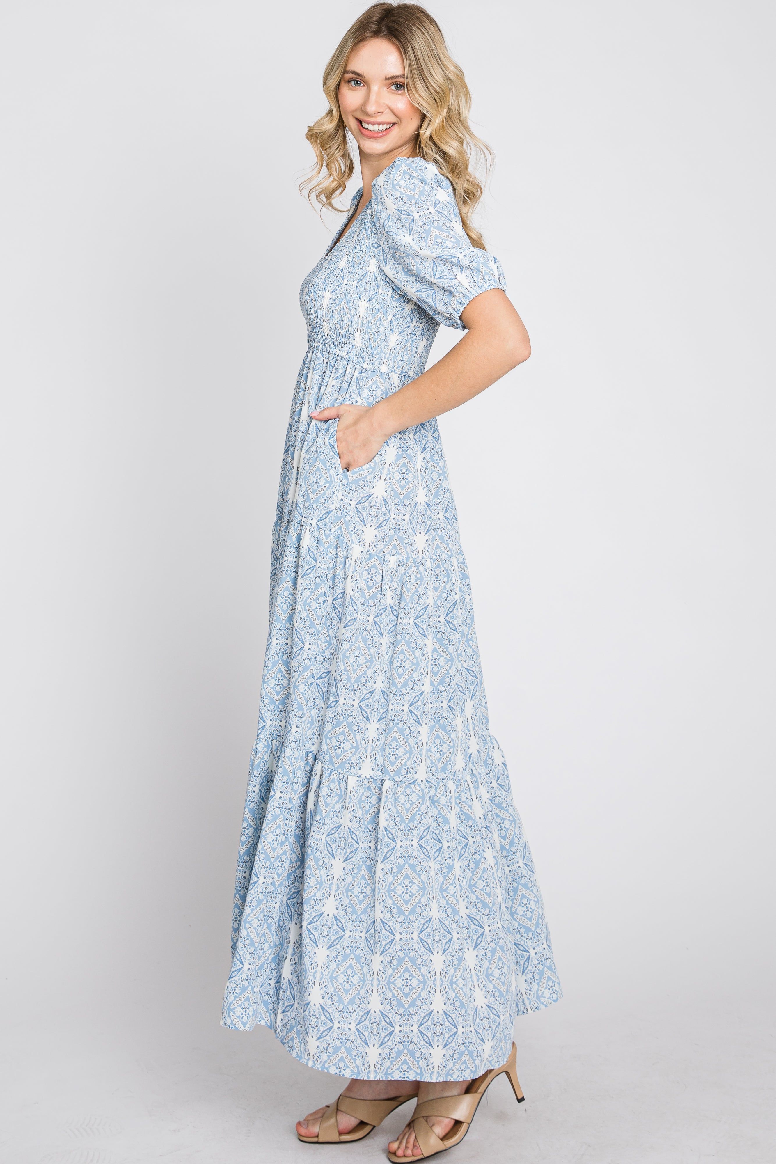 Blue Paisley Print Smocked Tiered Maxi Dress sold by Pinkblush product image thumbnail 5