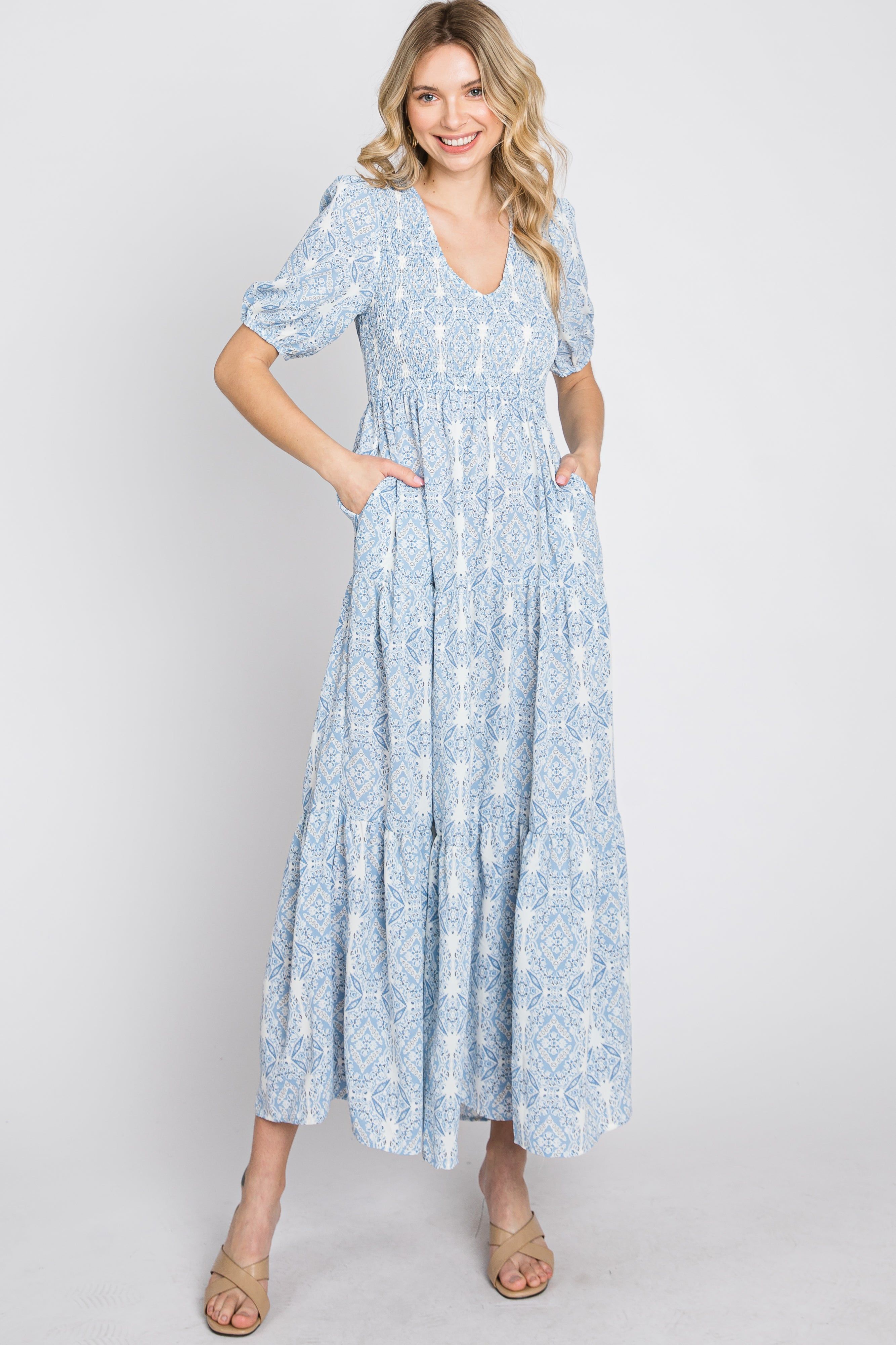 Blue Paisley Print Smocked Tiered Maxi Dress sold by Pinkblush product image thumbnail 2