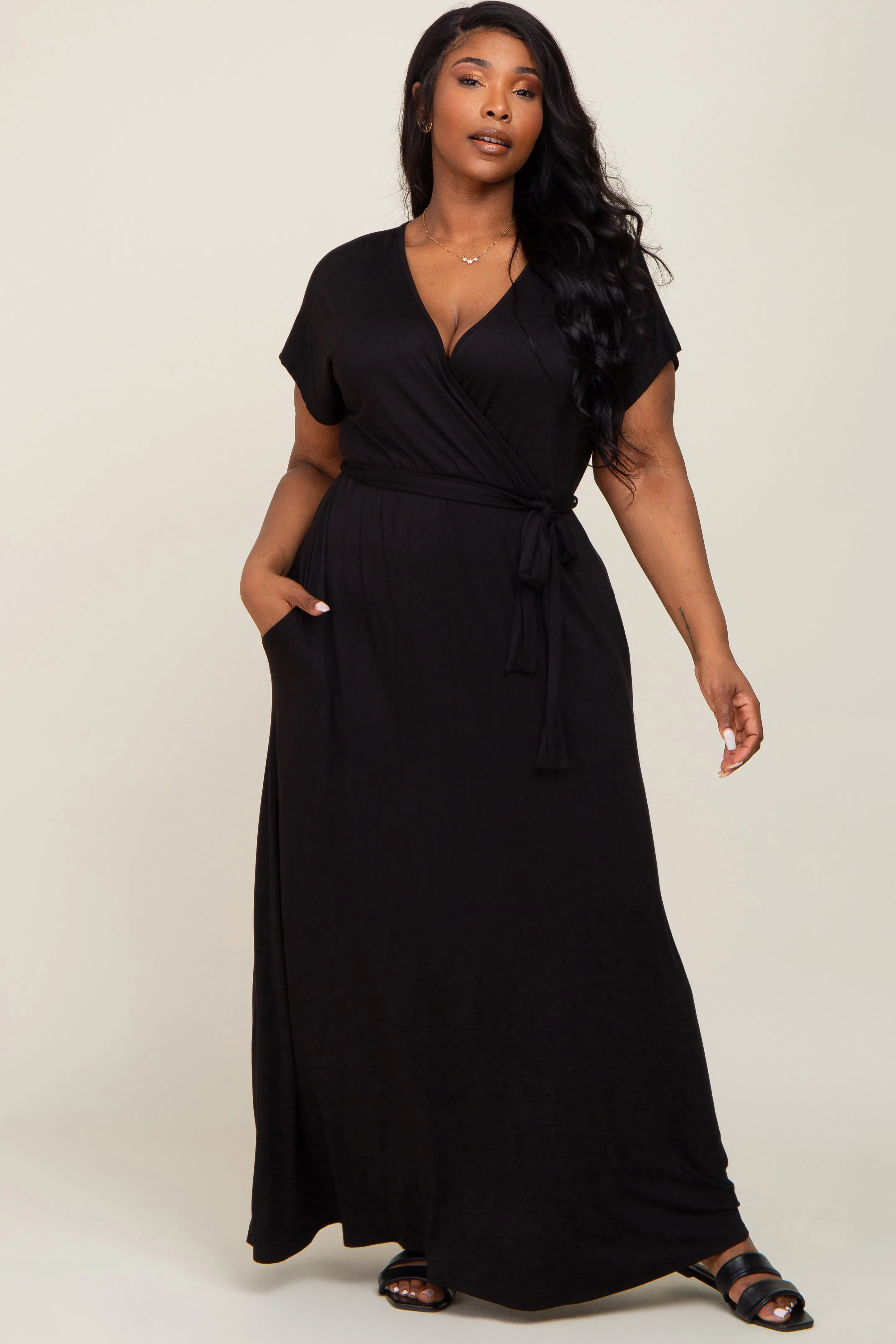 Black Basic Plus Wrap Maxi Dress sold by Pinkblush