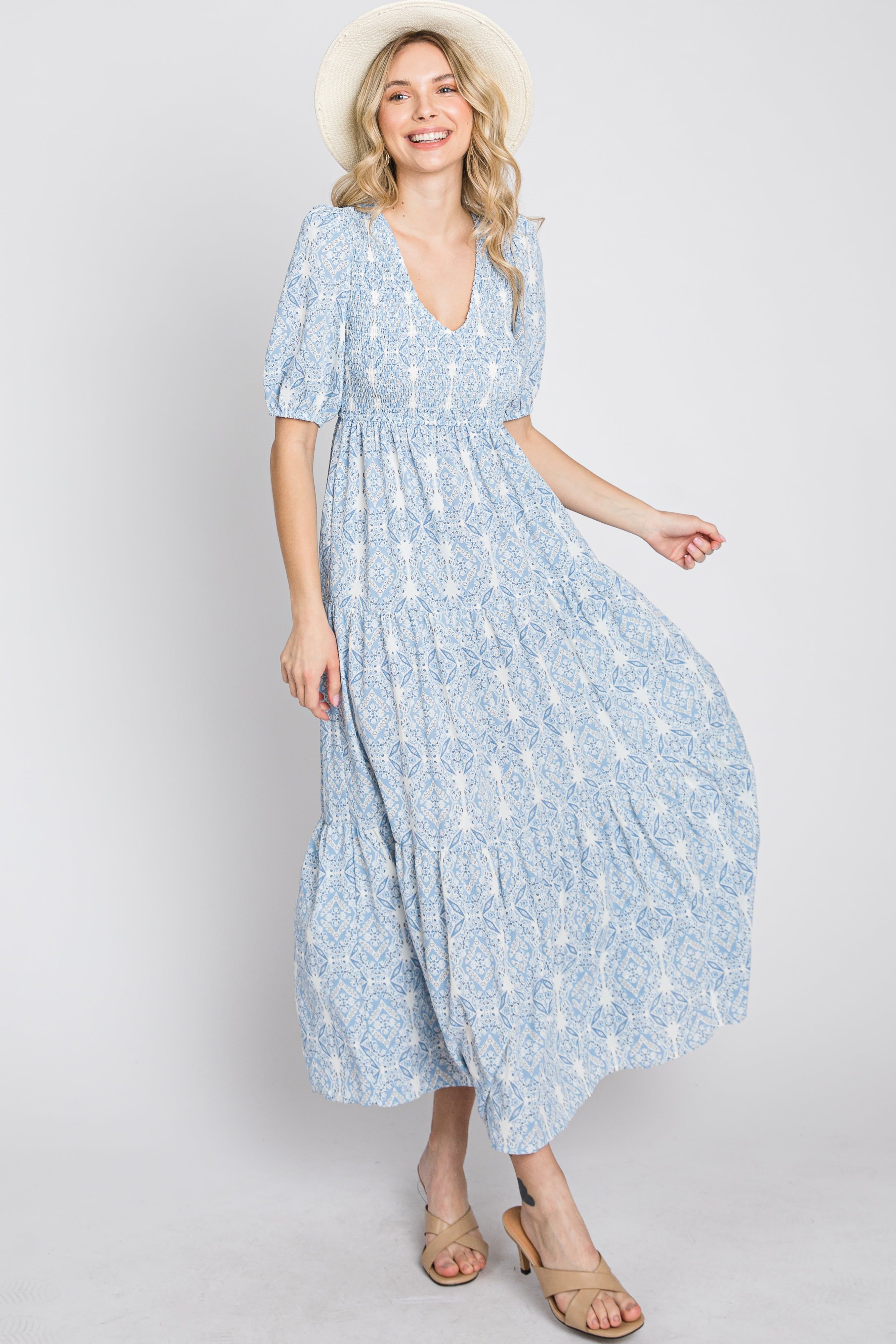 Blue Paisley Print Smocked Tiered Maxi Dress sold by Pinkblush product image thumbnail 11