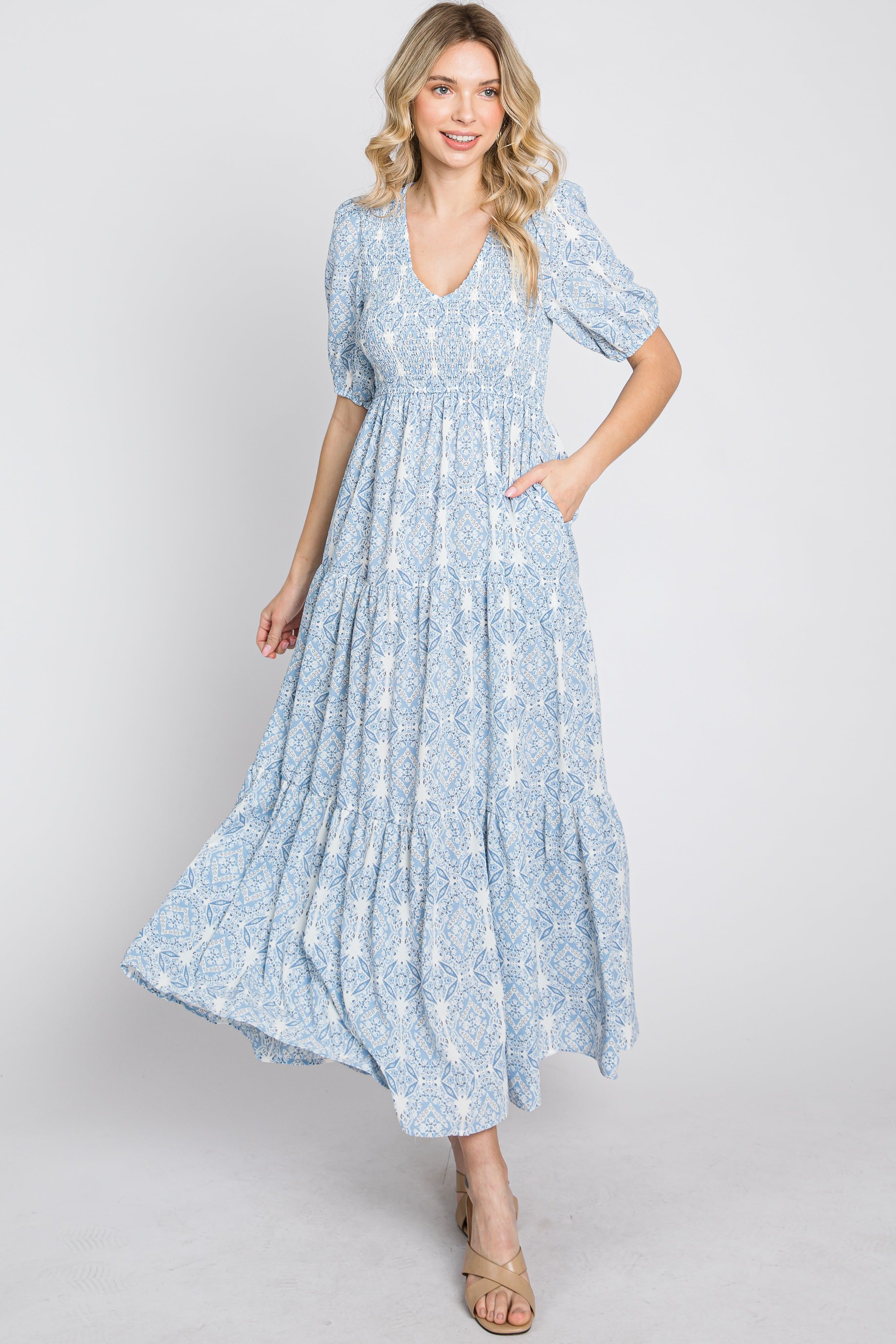 Blue Paisley Print Smocked Tiered Maxi Dress sold by Pinkblush product image thumbnail 3