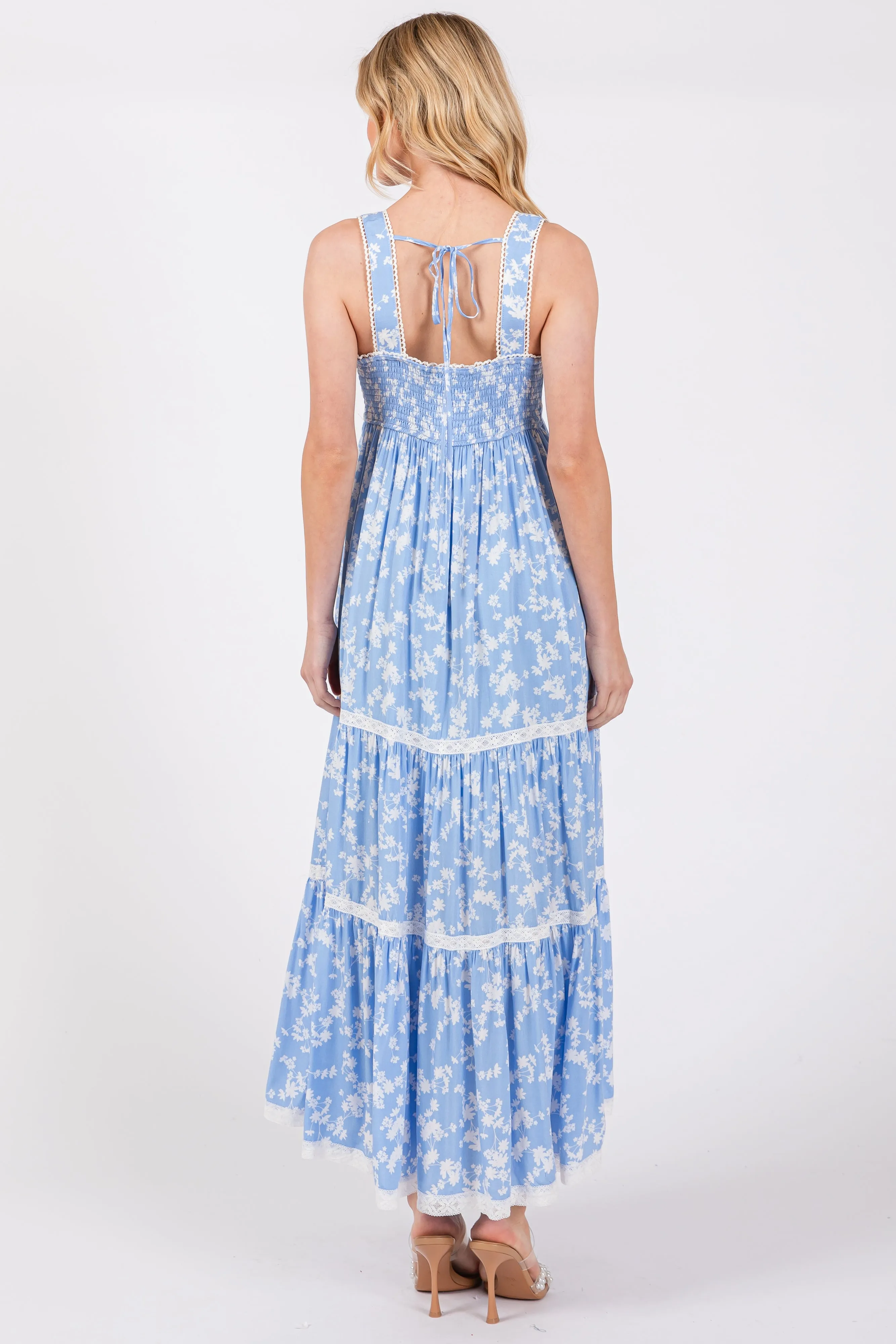 Light Blue Floral Lace Trim Tiered Maxi Dress sold by Pinkblush product image thumbnail 3