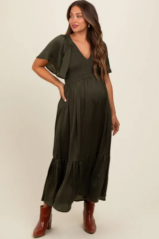 Olive Satin Smocked Maternity Midi Dress sold by Pinkblush