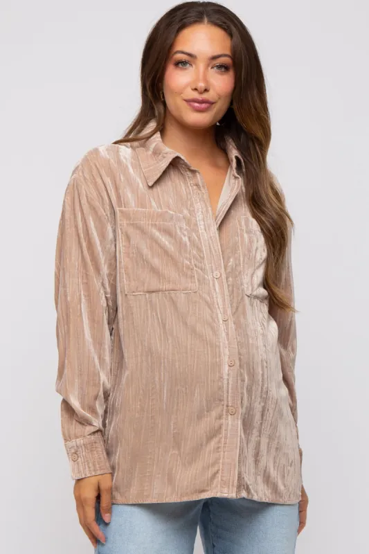 Taupe Button Up Velvet Maternity Top sold by Pinkblush