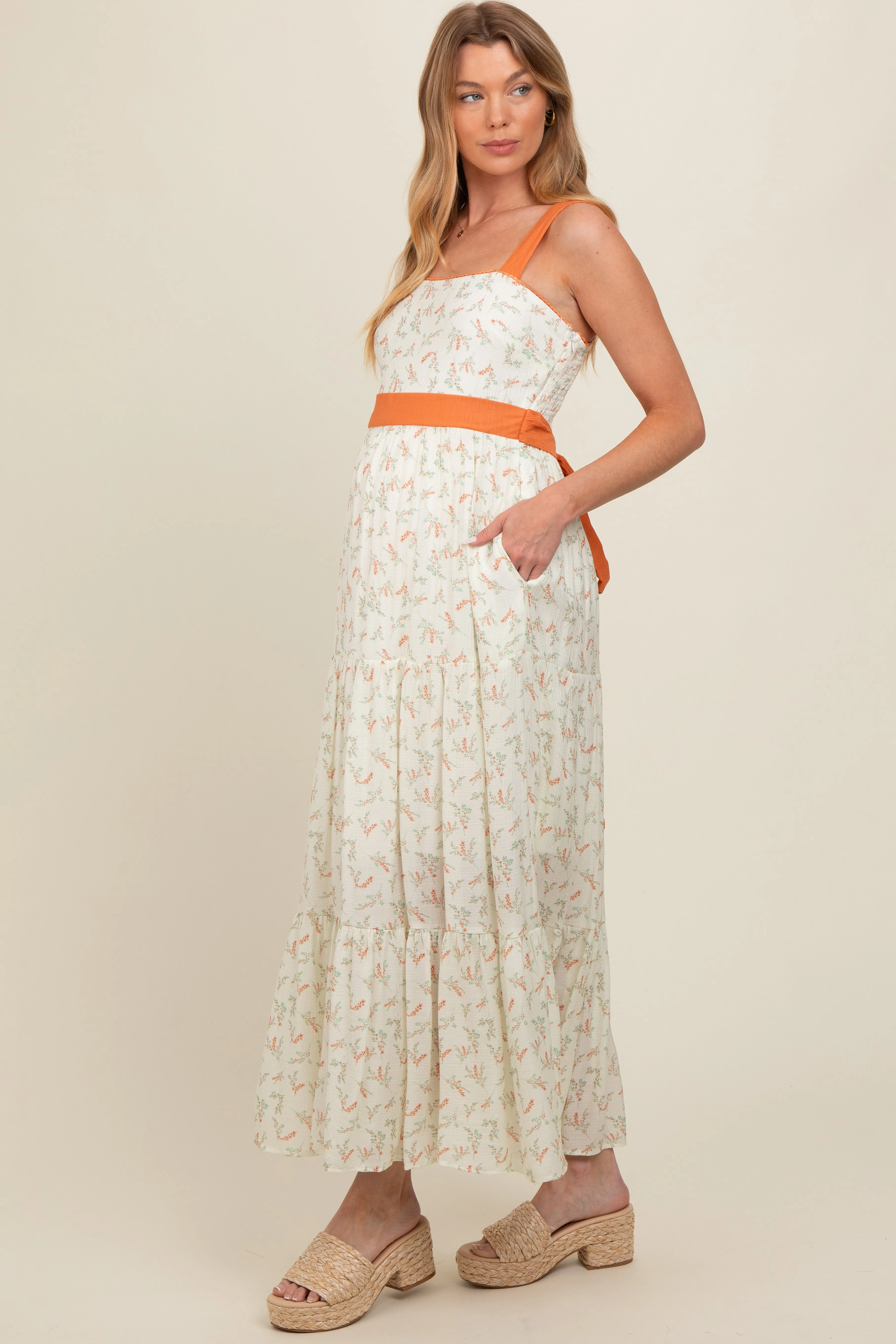 Orange Floral Contrast Sash Tie Maternity Maxi Dress sold by Pinkblush product image thumbnail 2