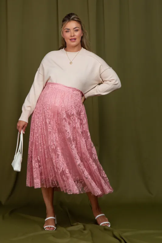 Pink Lace Plus Maternity Midi Skirt sold by Pinkblush
