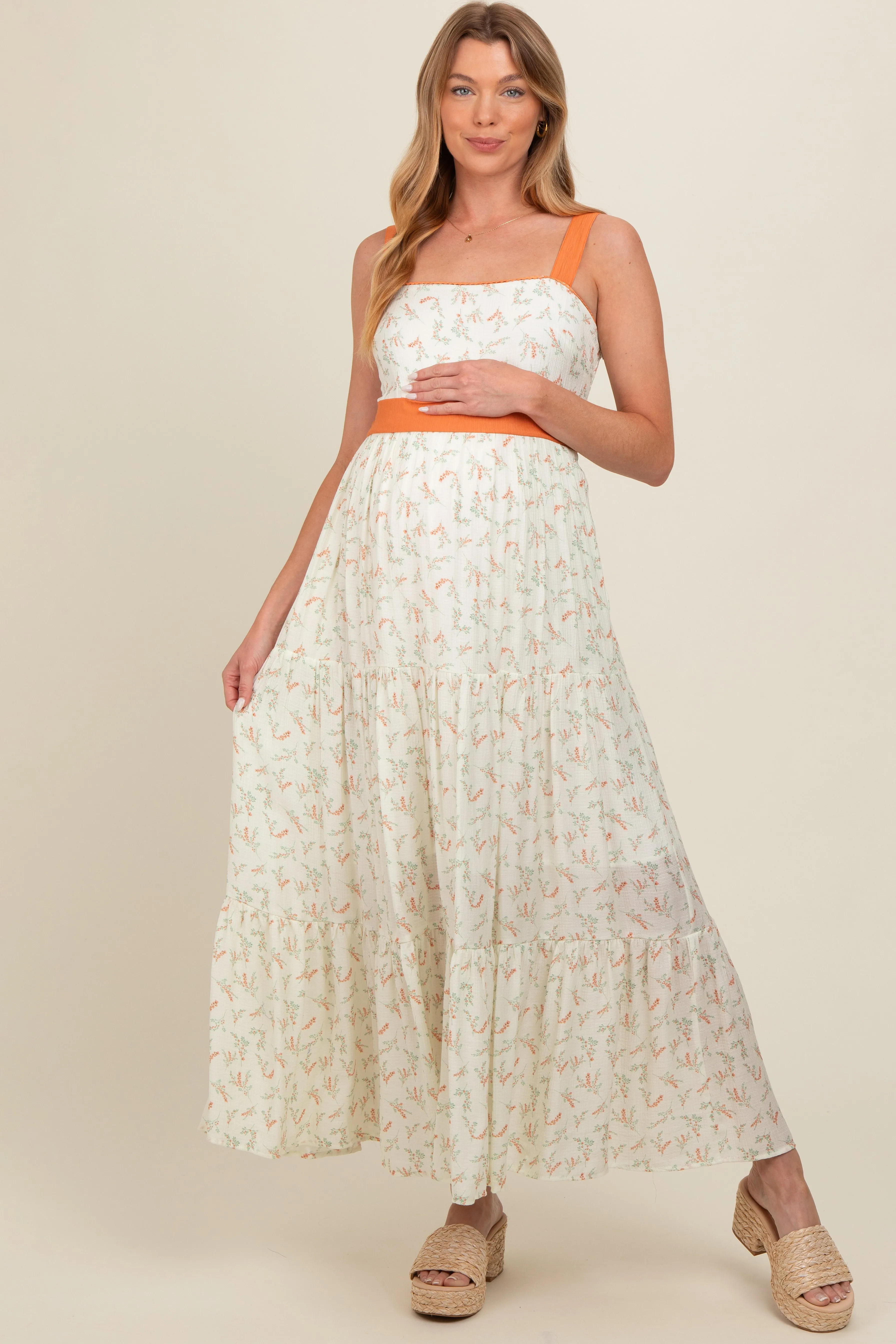 Orange Floral Contrast Sash Tie Maternity Maxi Dress sold by Pinkblush