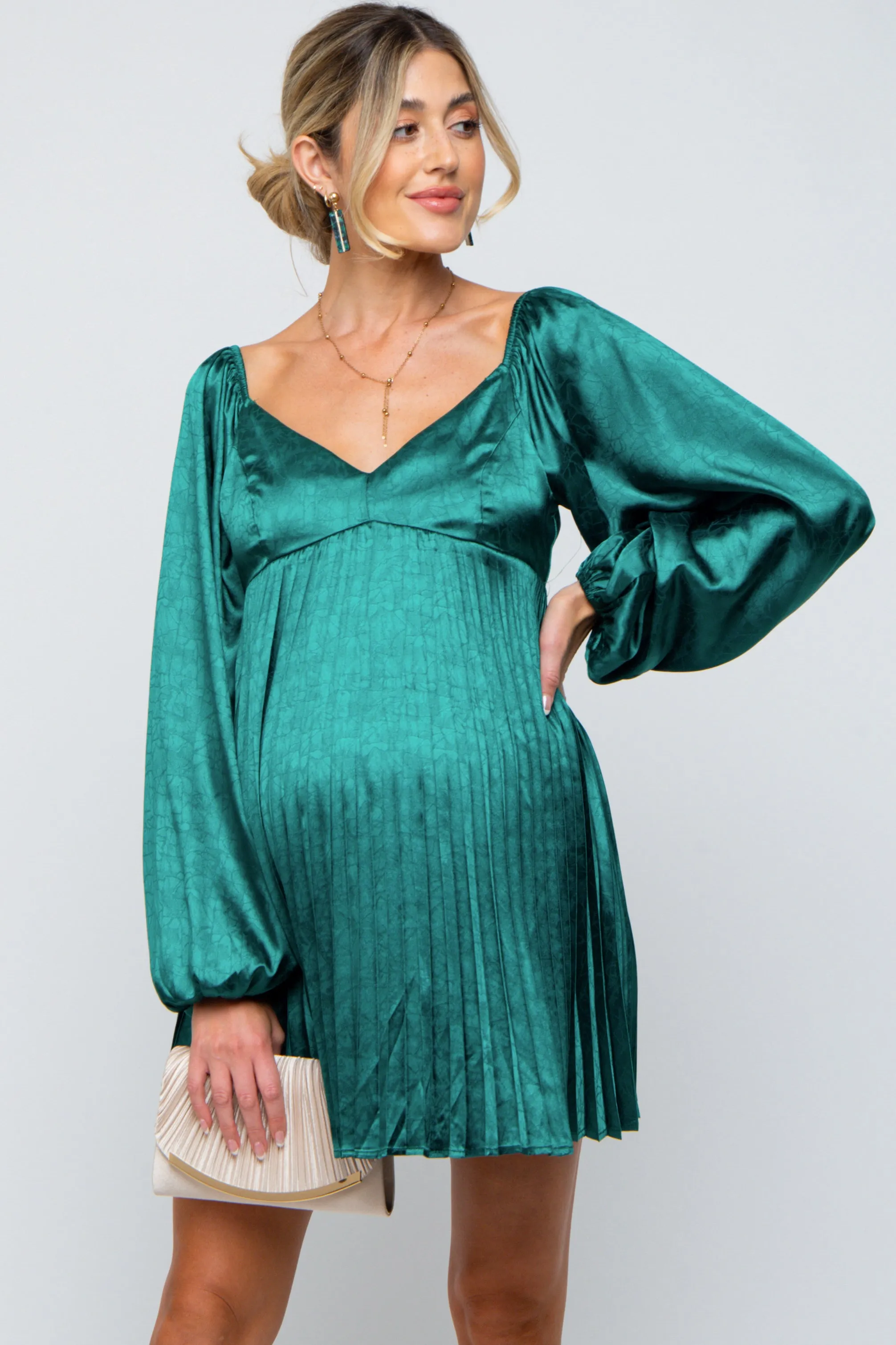 Forest Green Jacquard Pleated Maternity Mini Dress sold by Pinkblush