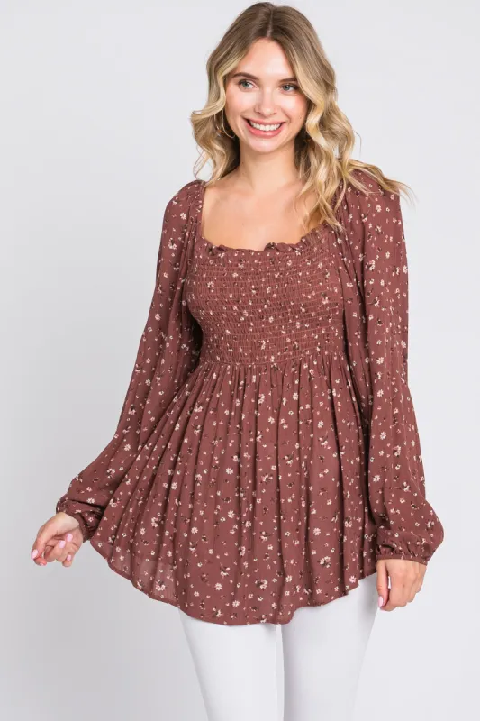 Brown Floral Smocked Long Sleeve Top sold by Pinkblush