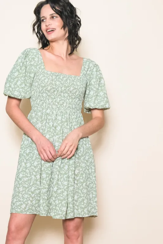 Light Olive Floral Smocked Tie Back Dress sold by Pinkblush