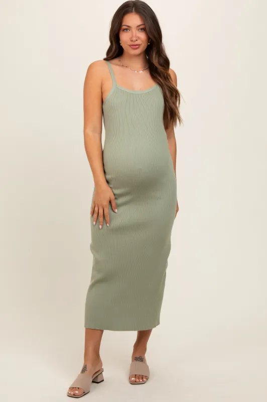 Light Olive Knit Open Tie Back Maternity Midi Dress sold by Pinkblush