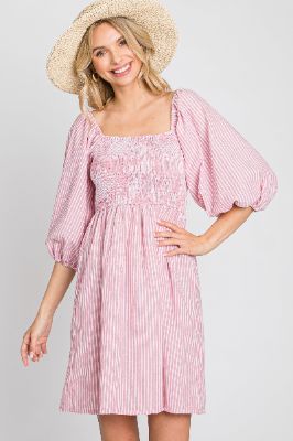 Mauve Striped Smocked Puff Sleeve Dress sold by Pinkblush