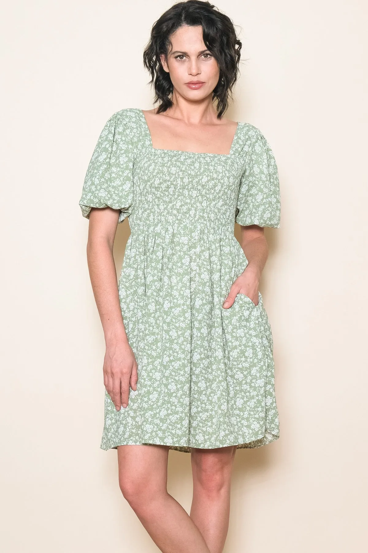 Light Olive Floral Smocked Tie Back Dress sold by Pinkblush product image thumbnail 2