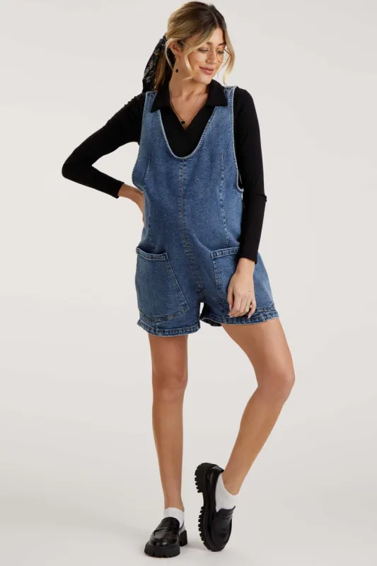 Blue Denim Scoop Neck Maternity Short Overall sold by Pinkblush