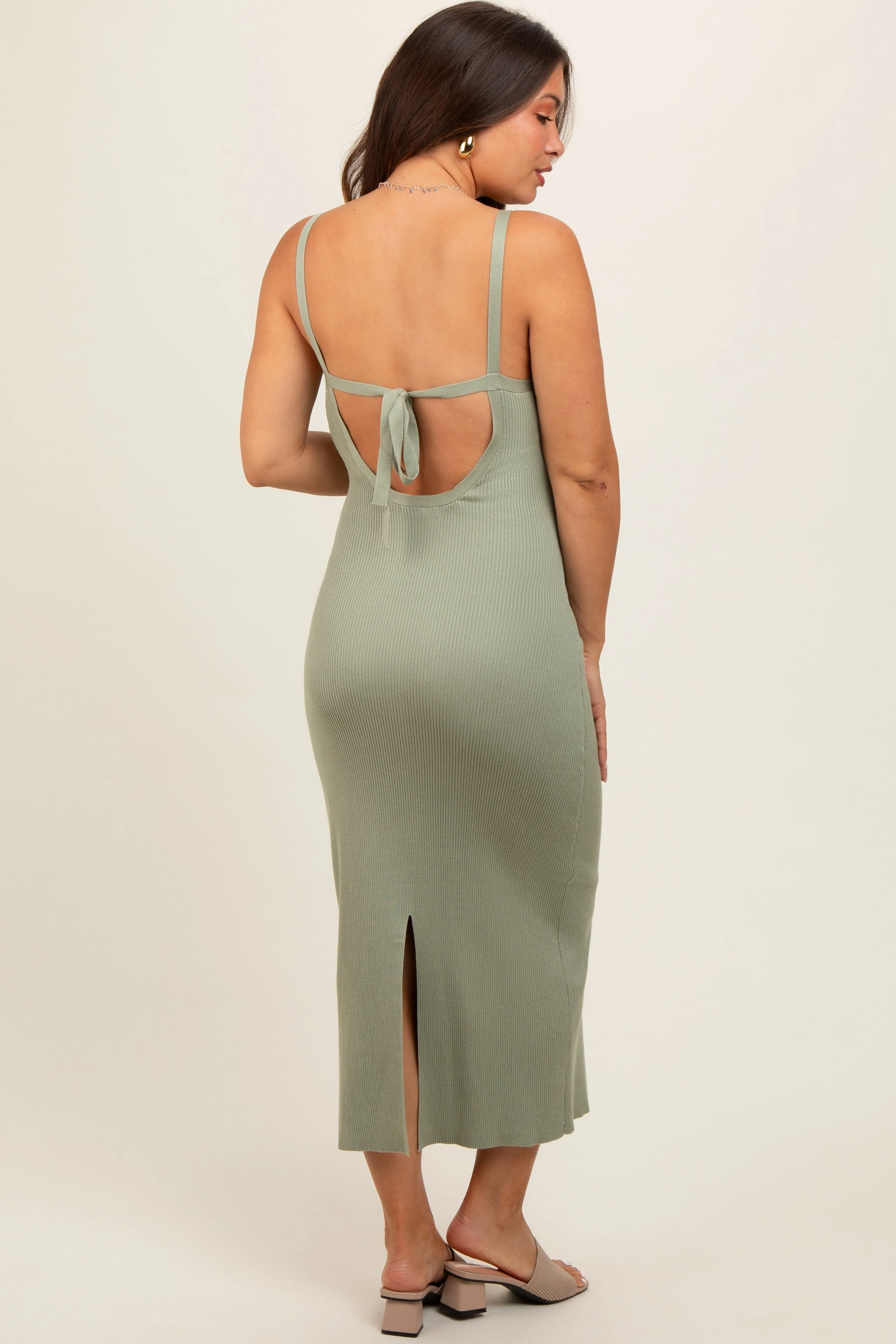 Light Olive Knit Open Tie Back Maternity Midi Dress sold by Pinkblush product image thumbnail 3