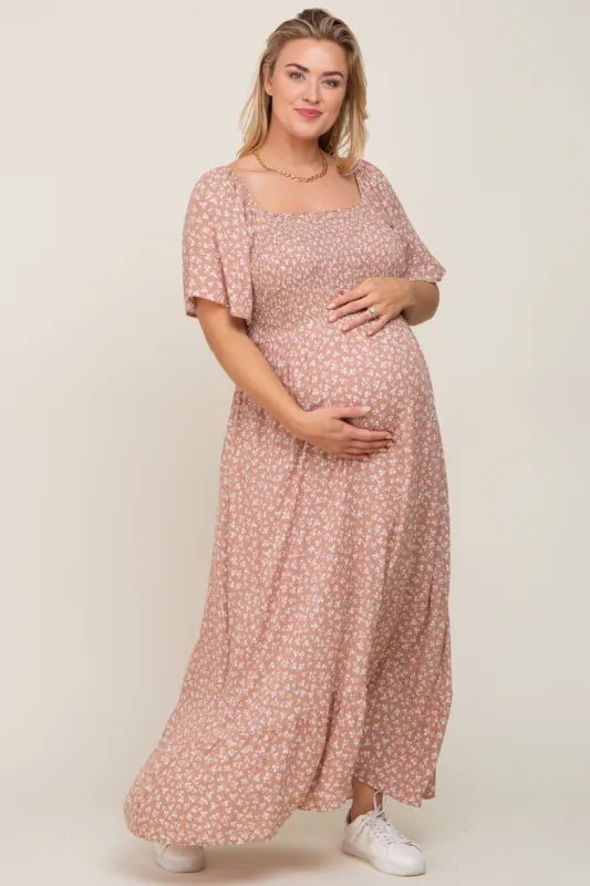Taupe Floral Smocked Flounce Sleeve Maternity Plus Maxi Dress sold by Pinkblush