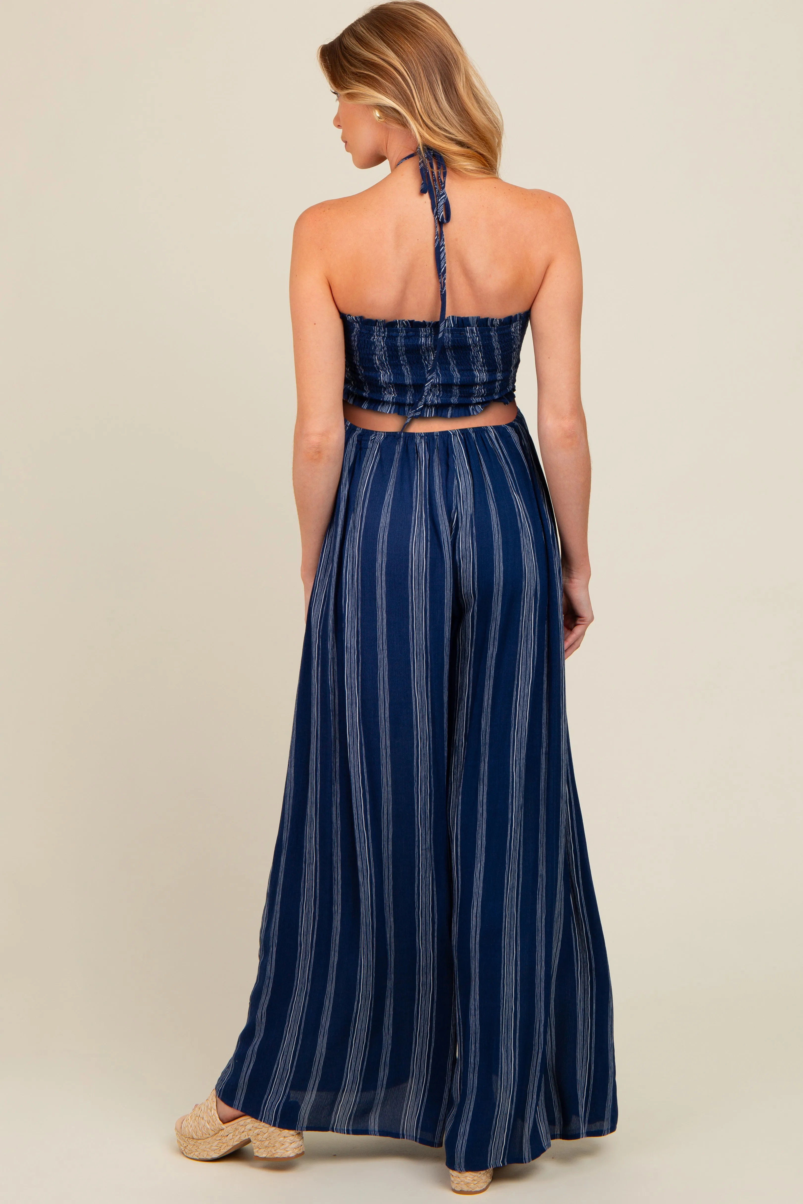 Navy Striped Cutout Halter Wide Leg Maternity Jumpsuit sold by Pinkblush product image thumbnail 3