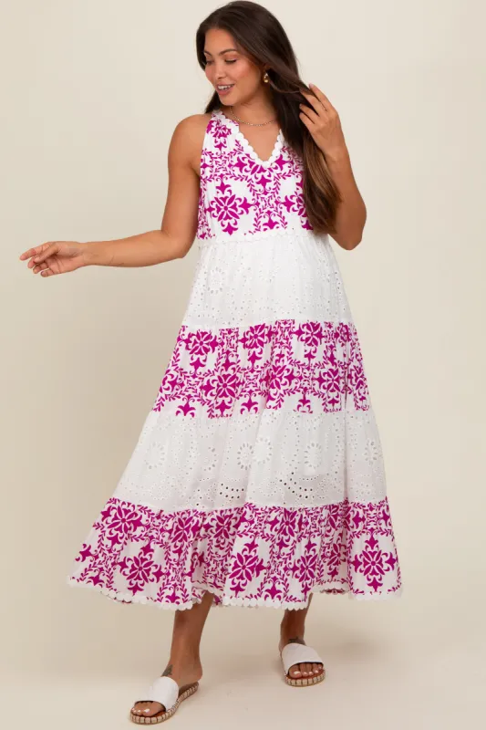 Magenta Printed Eyelet Tiered V-Neckline Sleeveless Maternity Dress sold by Pinkblush