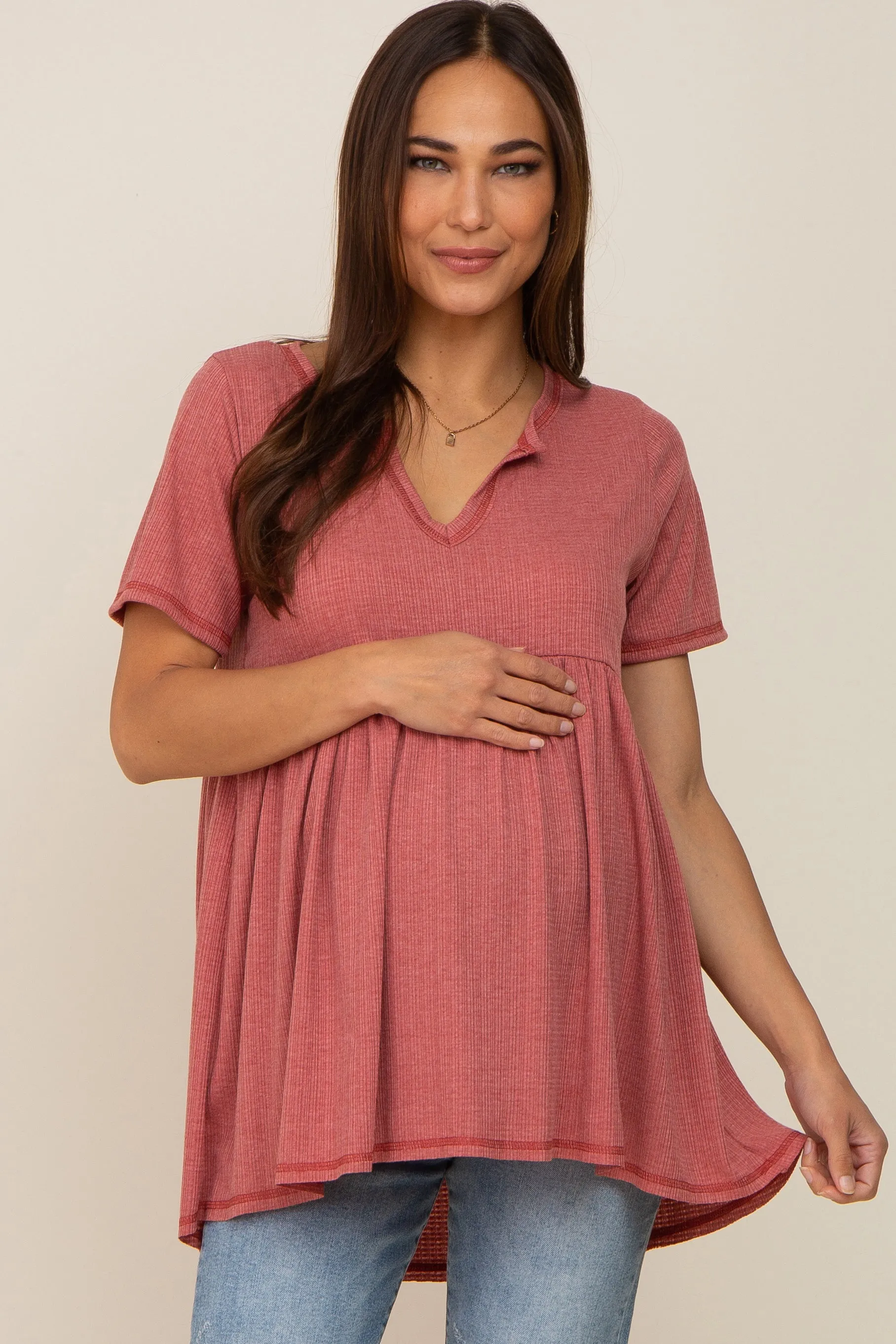Red V Neck Maternity Top sold by Pinkblush