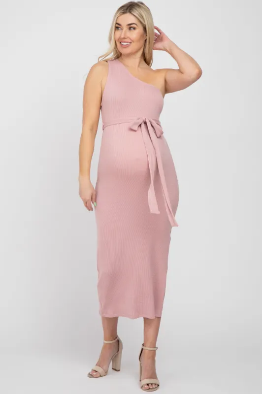 Mauve Ribbed One Shoulder Side Slit Maternity Midi Dress sold by Pinkblush