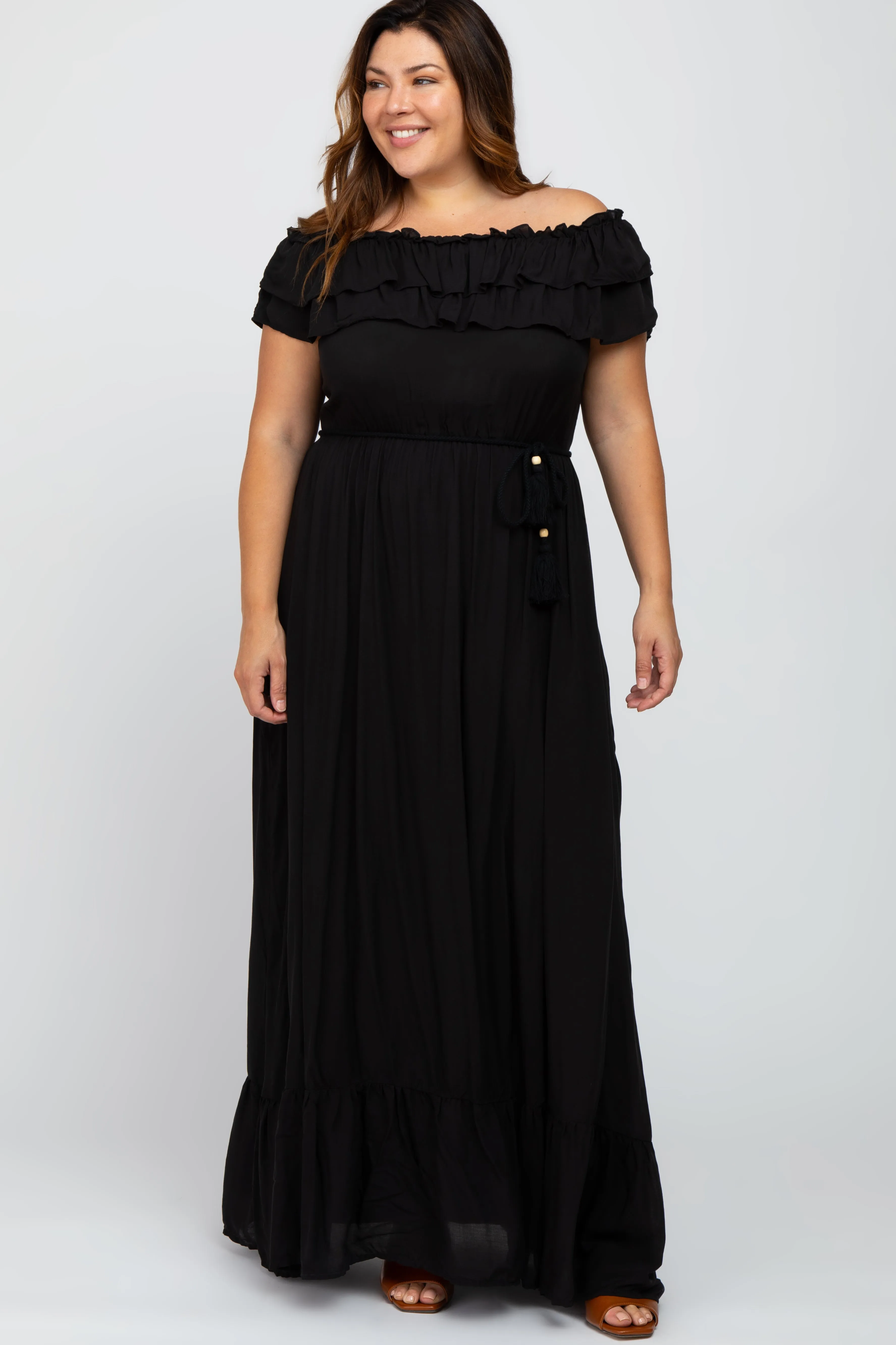 Black Off Shoulder Tassel Tie Maternity Plus Maxi Dress sold by Pinkblush product image thumbnail 4