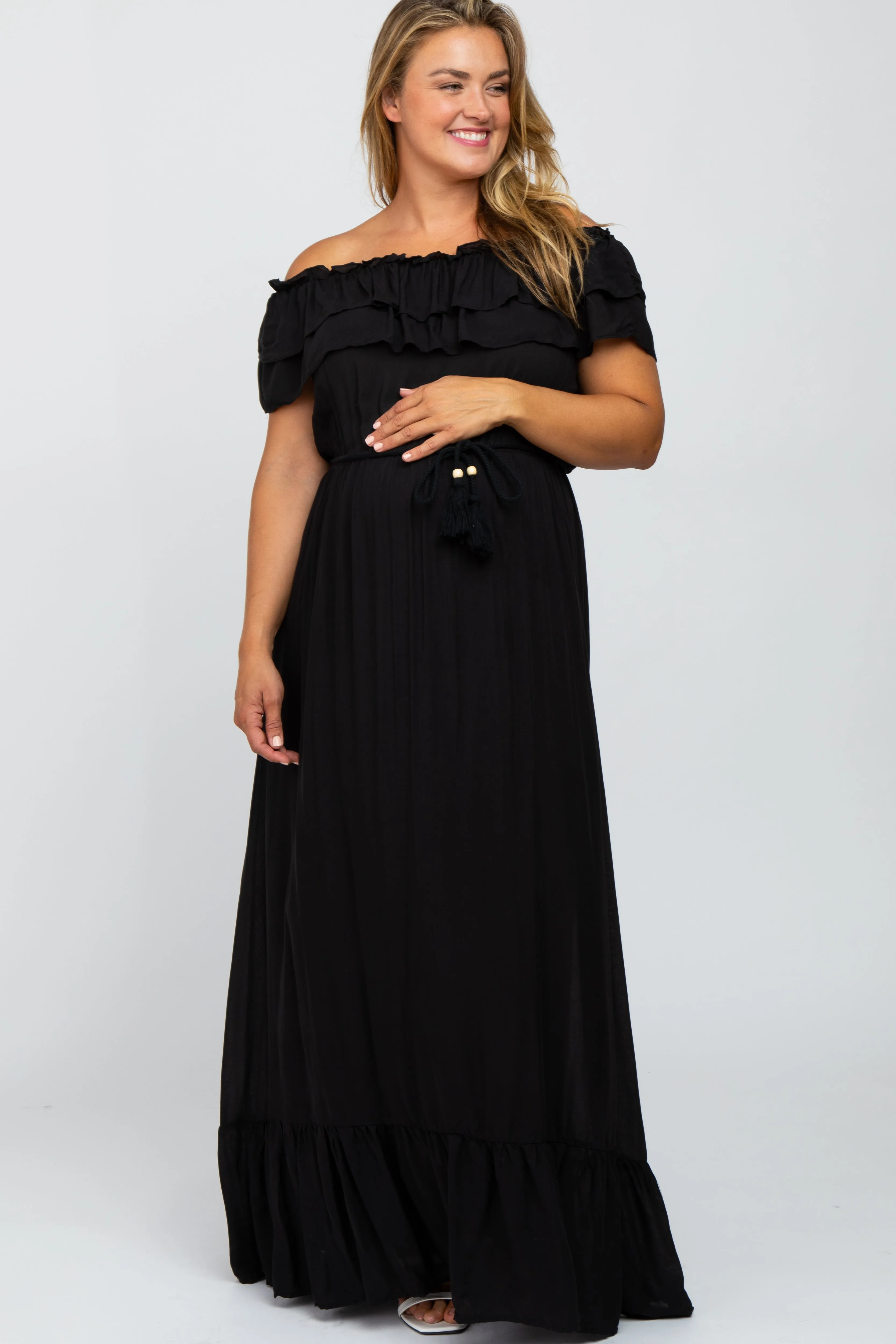 Black Off Shoulder Tassel Tie Maternity Plus Maxi Dress sold by Pinkblush
