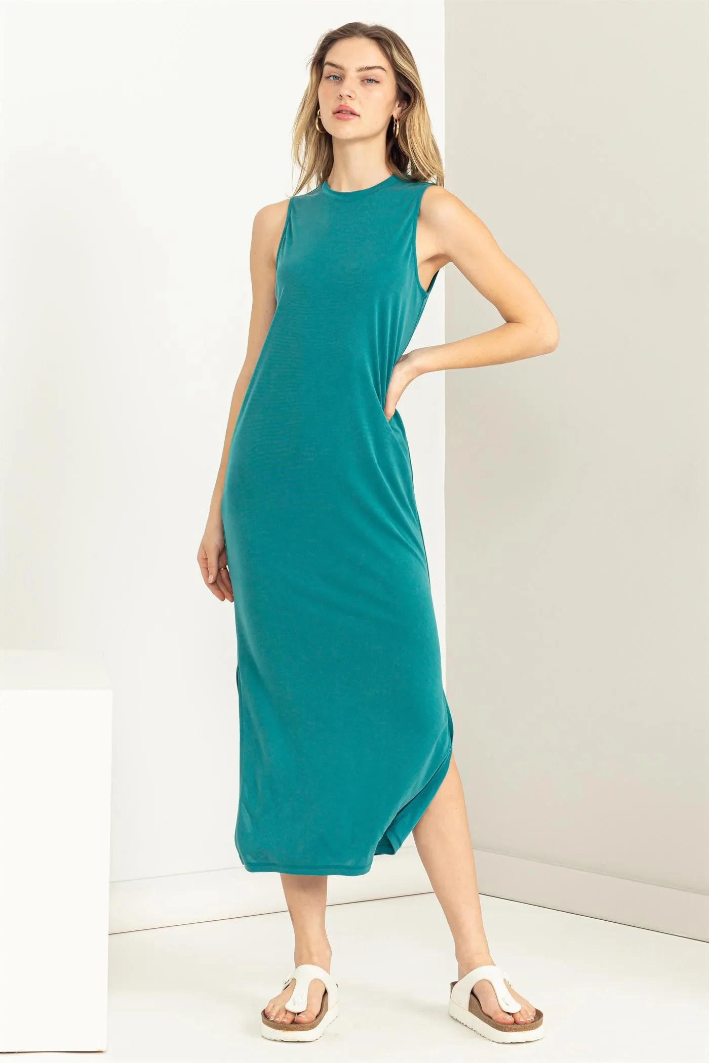 Teal Soft Knit Sleeveless Midi Dress sold by Pinkblush