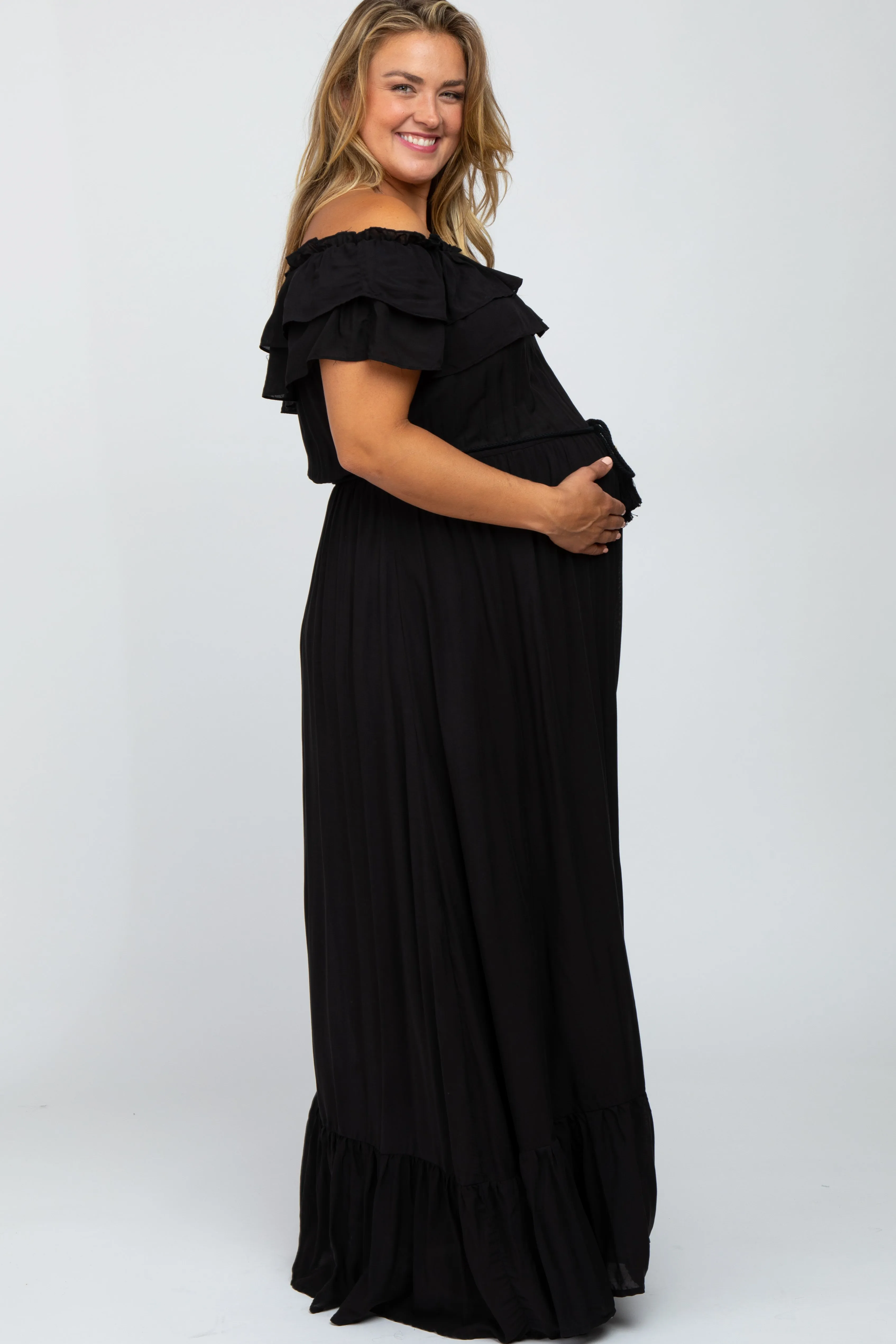 Black Off Shoulder Tassel Tie Maternity Plus Maxi Dress sold by Pinkblush product image thumbnail 2