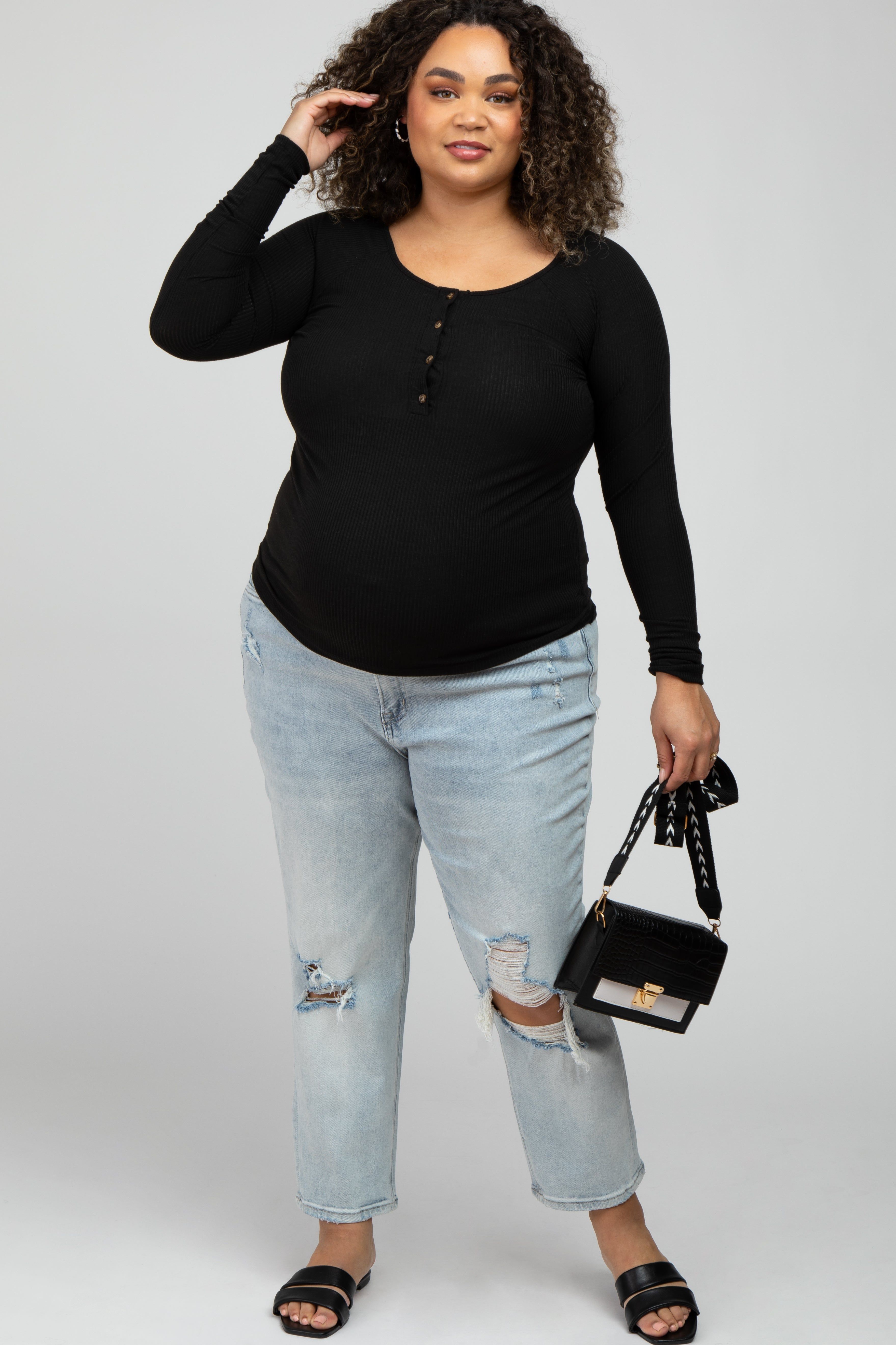 Light Blue Distressed Open Knee Maternity Plus Jeans sold by Pinkblush