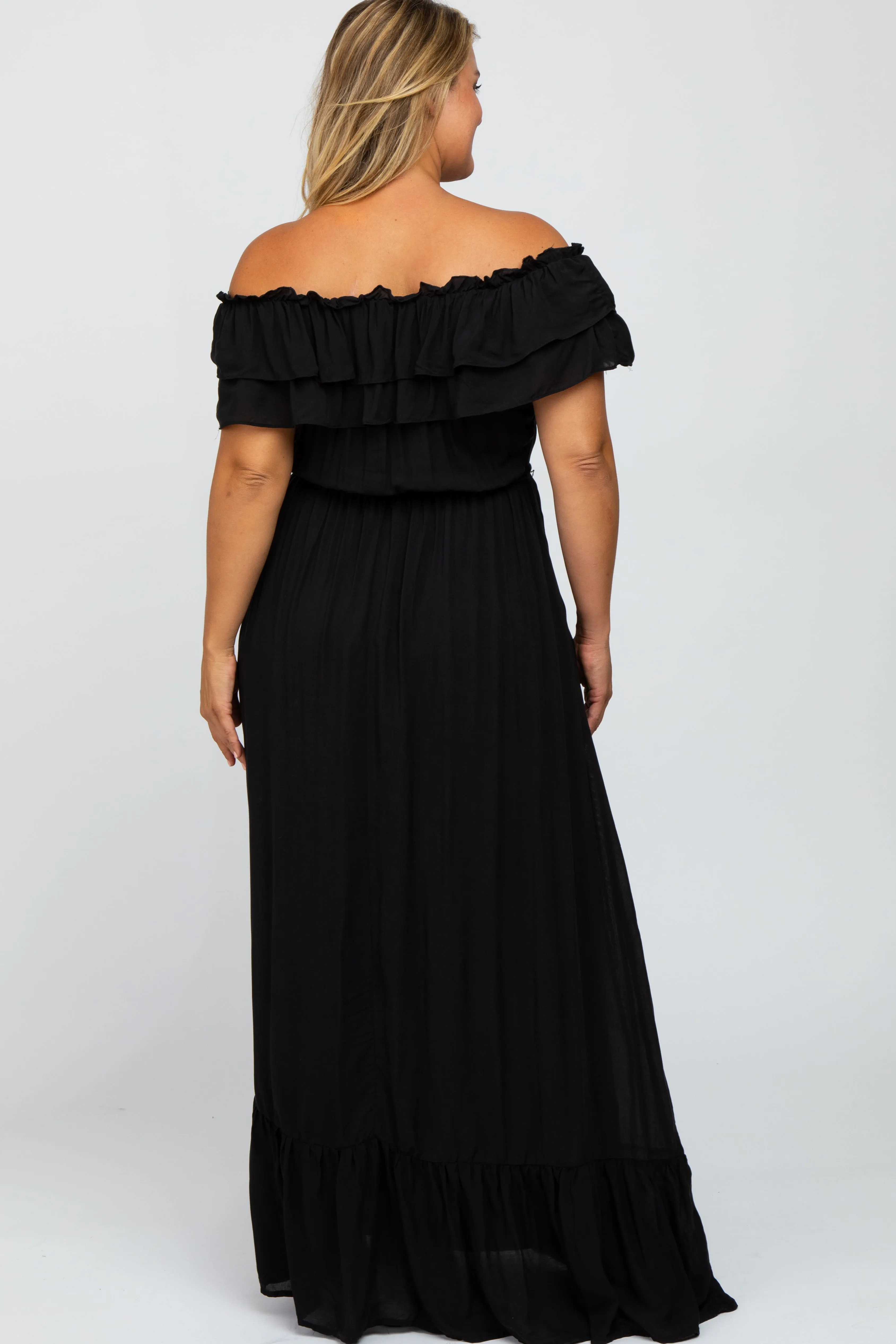 Black Off Shoulder Tassel Tie Maternity Plus Maxi Dress sold by Pinkblush product image thumbnail 3