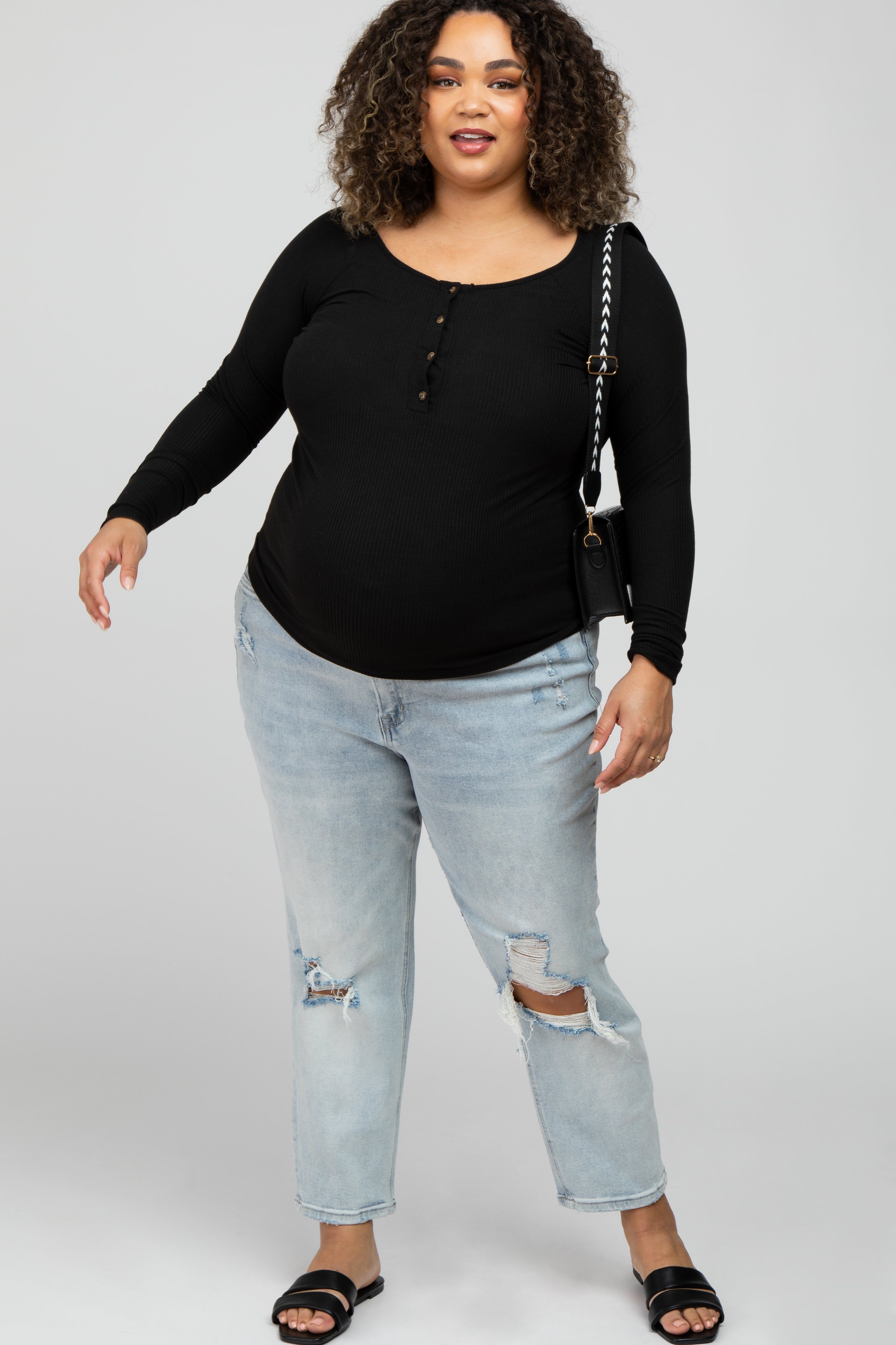 Light Blue Distressed Open Knee Maternity Plus Jeans sold by Pinkblush product image thumbnail 2