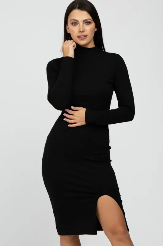 Black Ribbed Mock Neck Front Slit Dress sold by Pinkblush