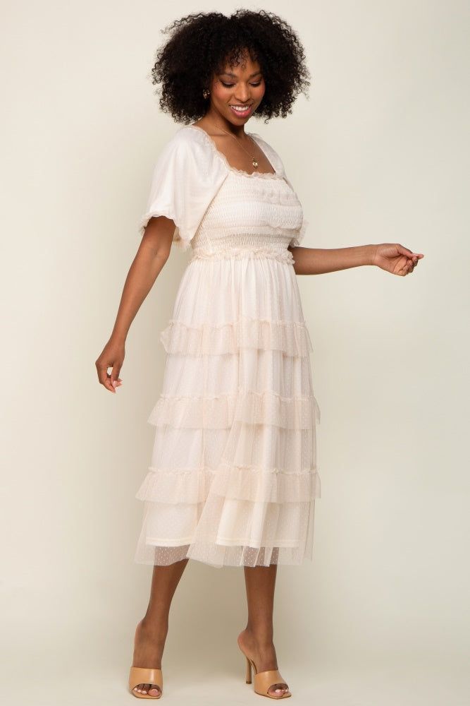 Cream Dot Smocked Ruffle Tiered Midi Dress sold by Pinkblush product image thumbnail 4