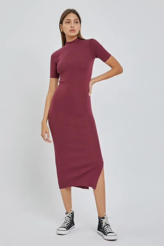 Burgundy Knit Fitted Mock Neck Midi Dress sold by Pinkblush