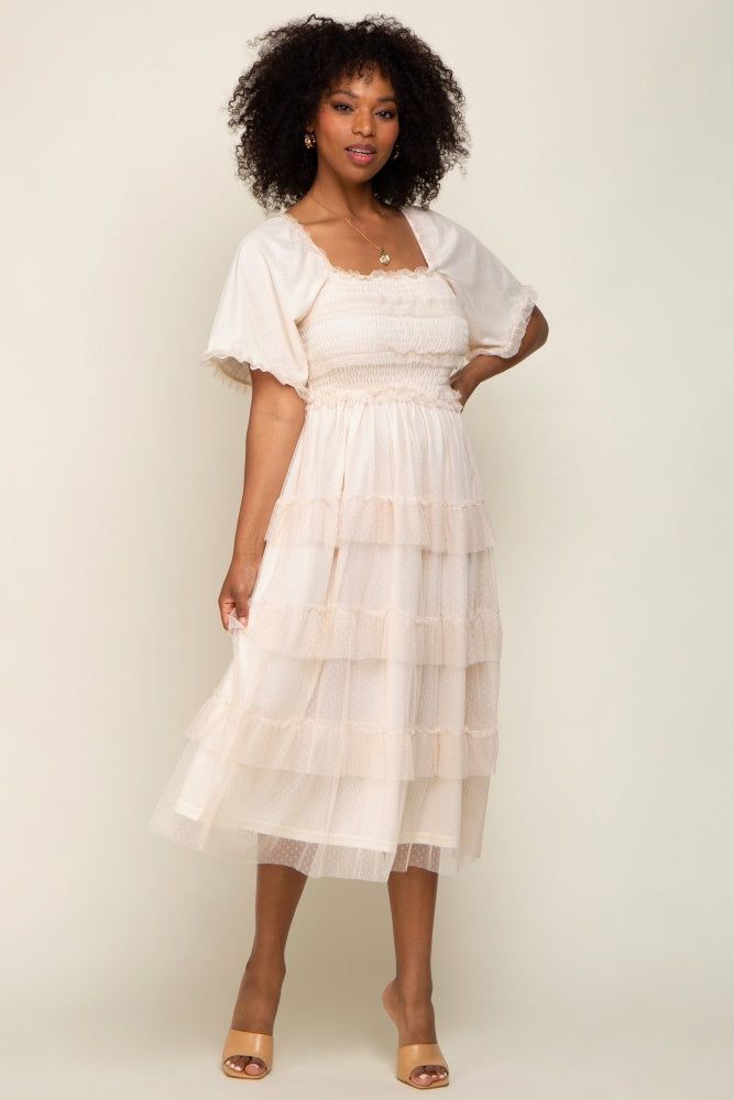 Cream Dot Smocked Ruffle Tiered Midi Dress sold by Pinkblush