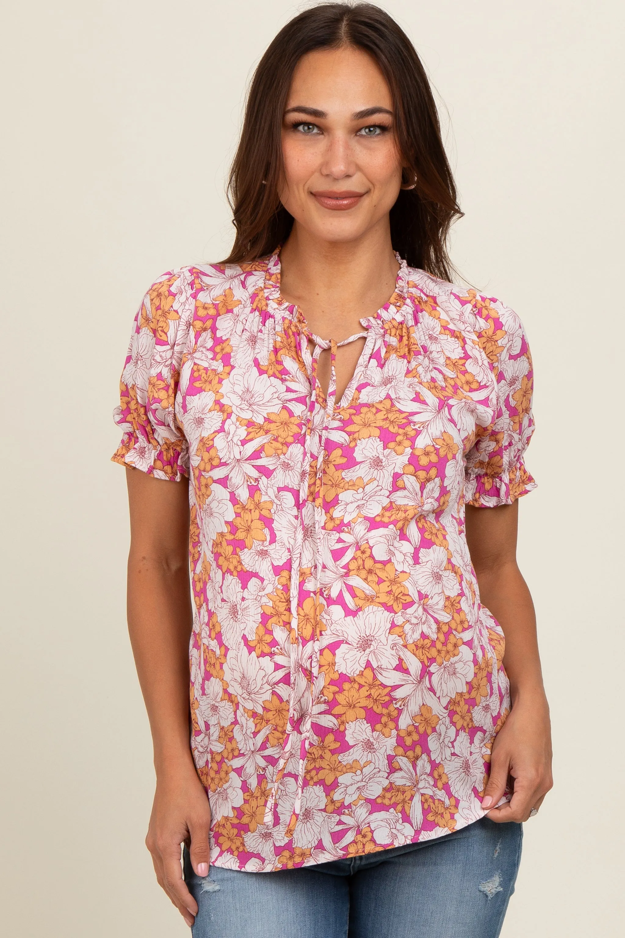 Magenta Floral Ruffle Tie Maternity Blouse sold by Pinkblush product image thumbnail 2
