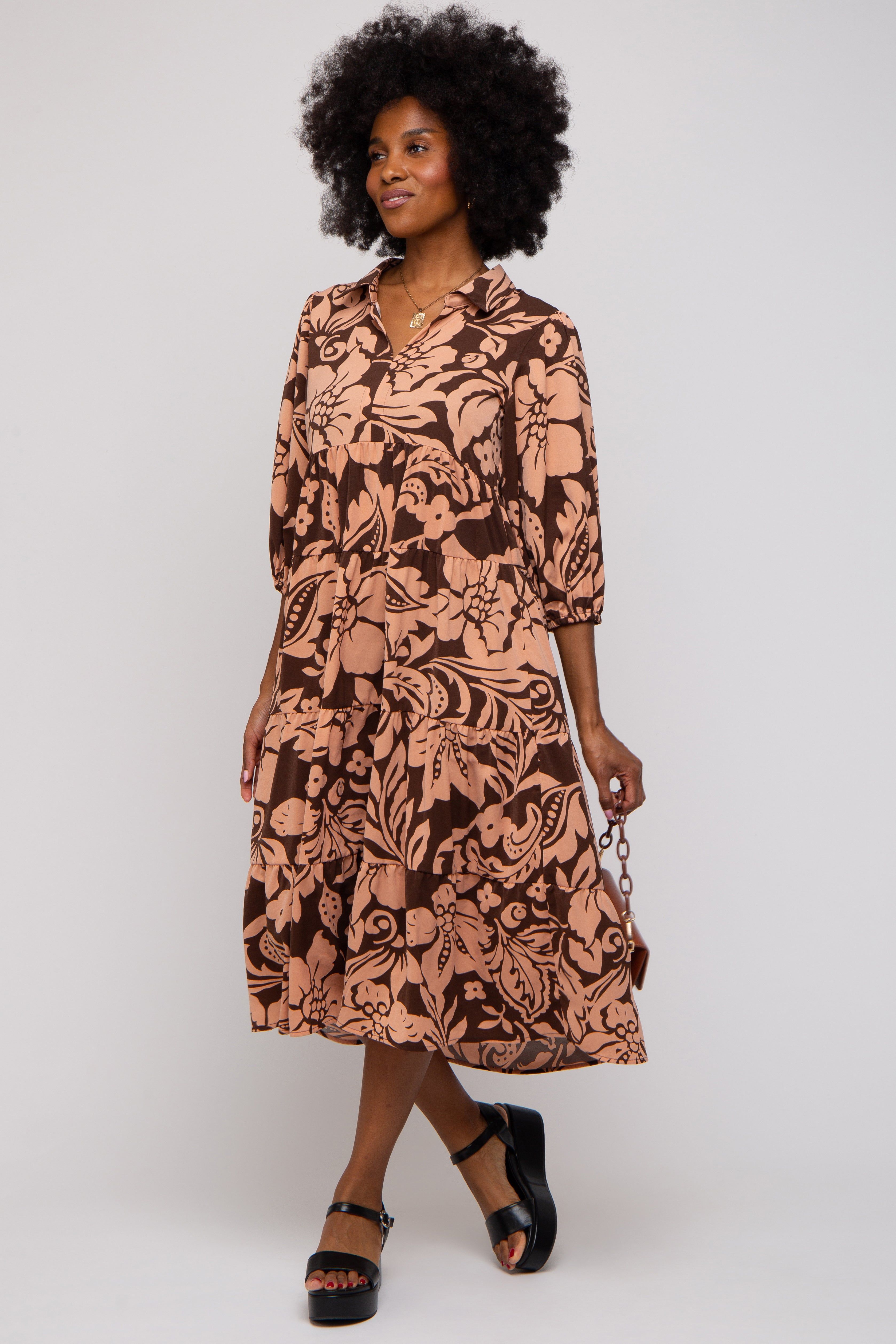 Brown Floral Collared Tiered Midi Dress sold by Pinkblush product image thumbnail 5