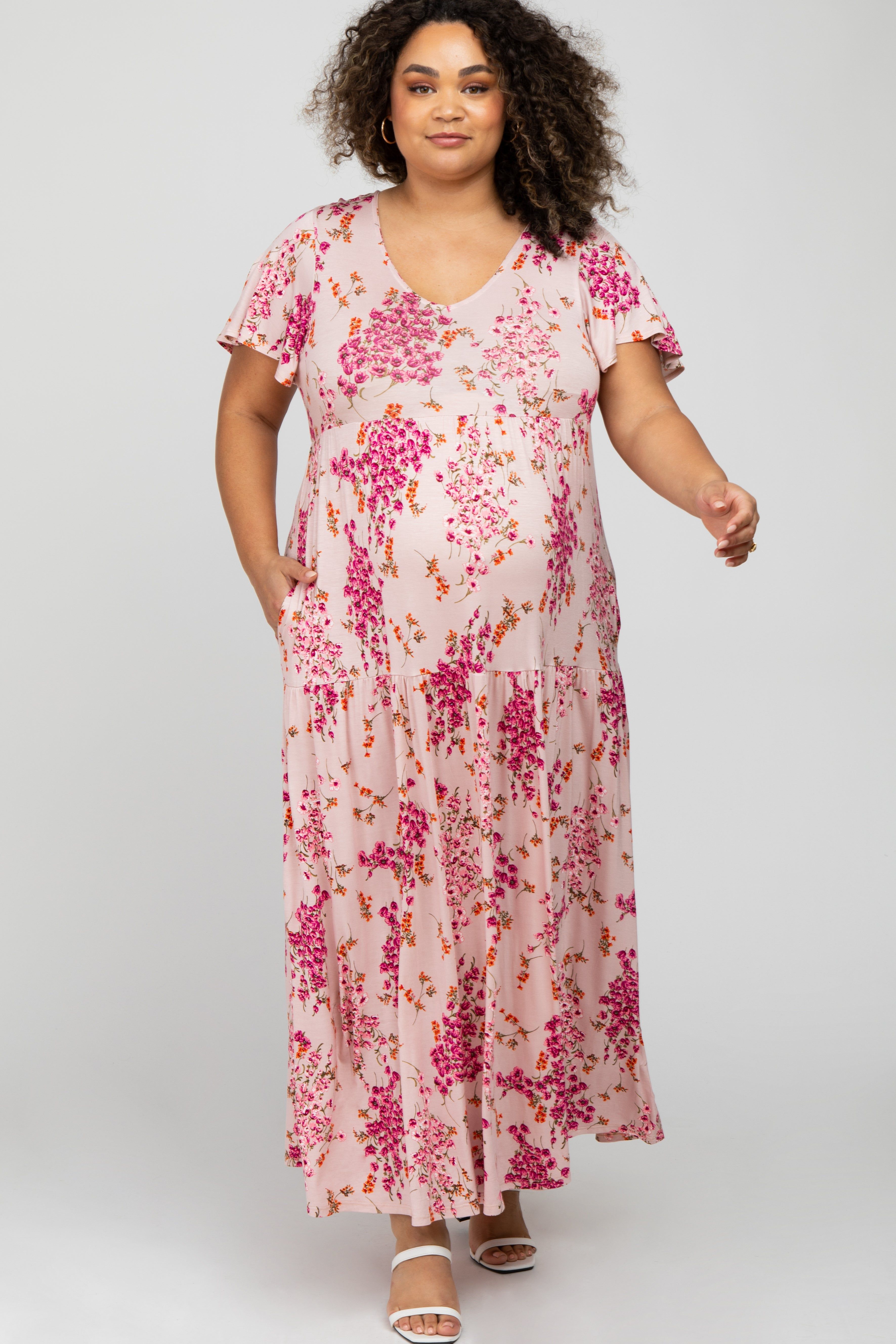 Pink Floral Tiered Maternity Plus Maxi Dress sold by Pinkblush product image thumbnail 2