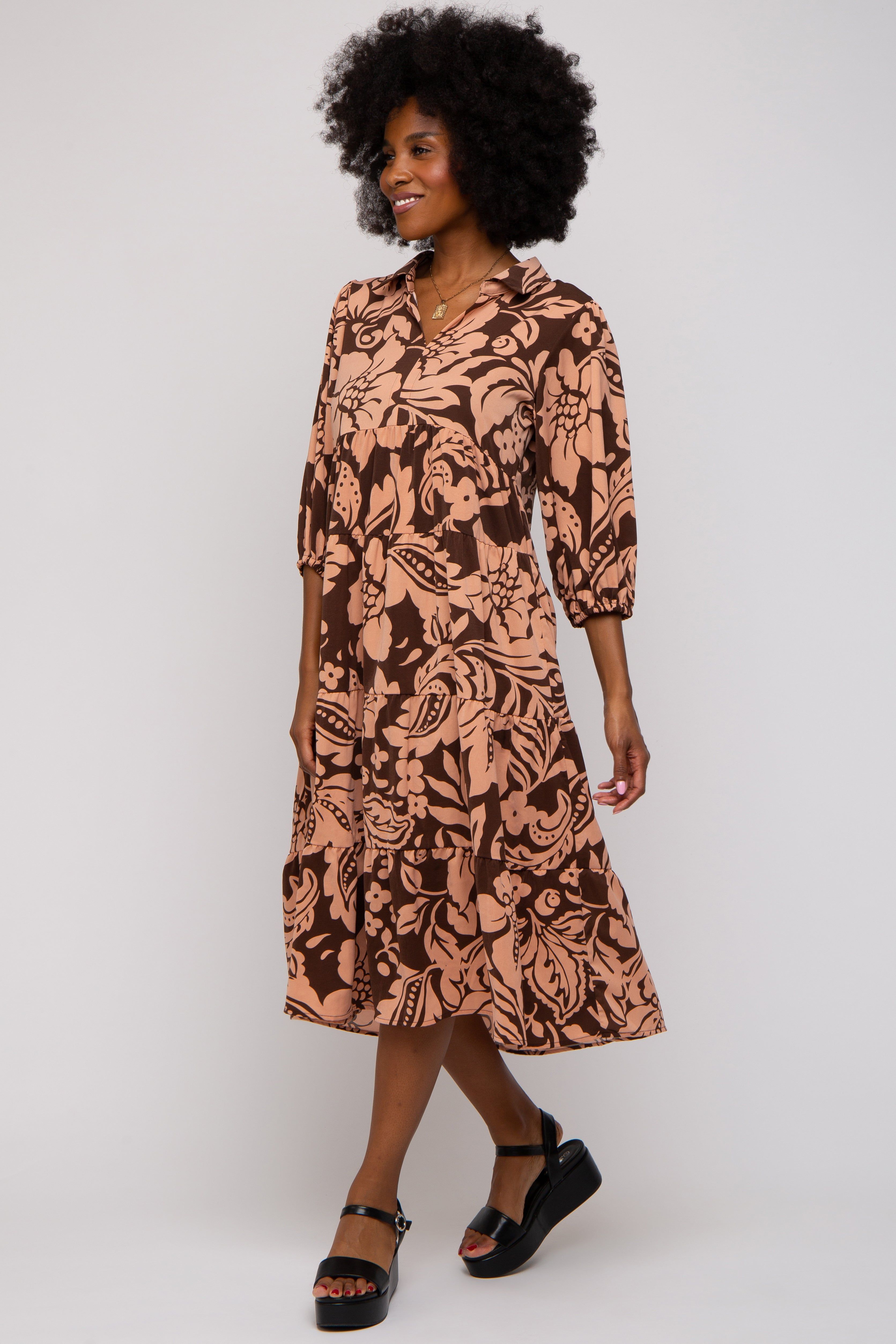 Brown Floral Collared Tiered Midi Dress sold by Pinkblush product image thumbnail 2