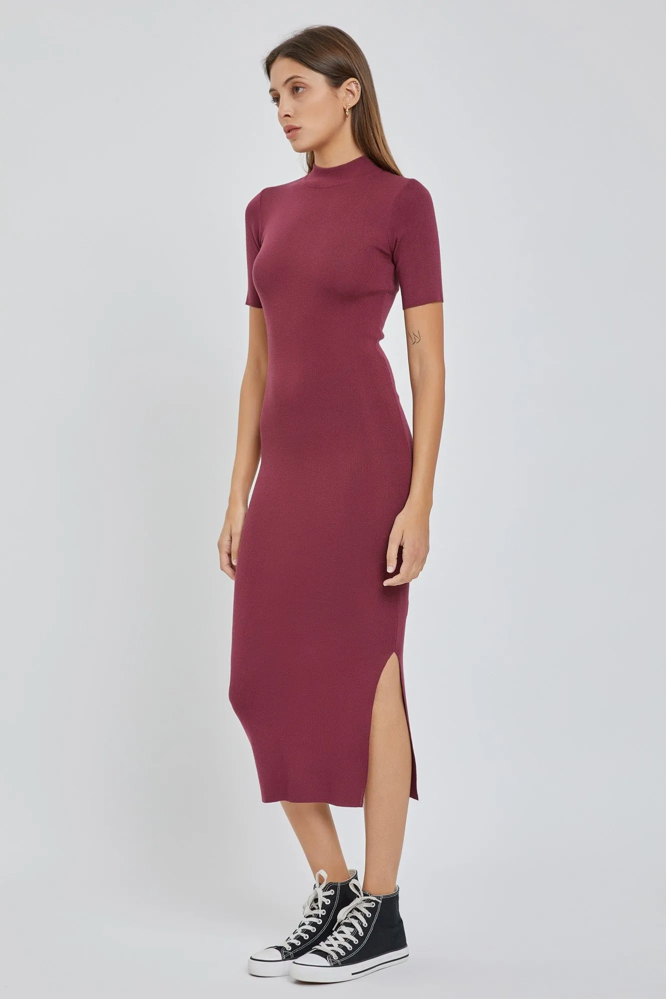 Burgundy Knit Fitted Mock Neck Midi Dress sold by Pinkblush product image thumbnail 2