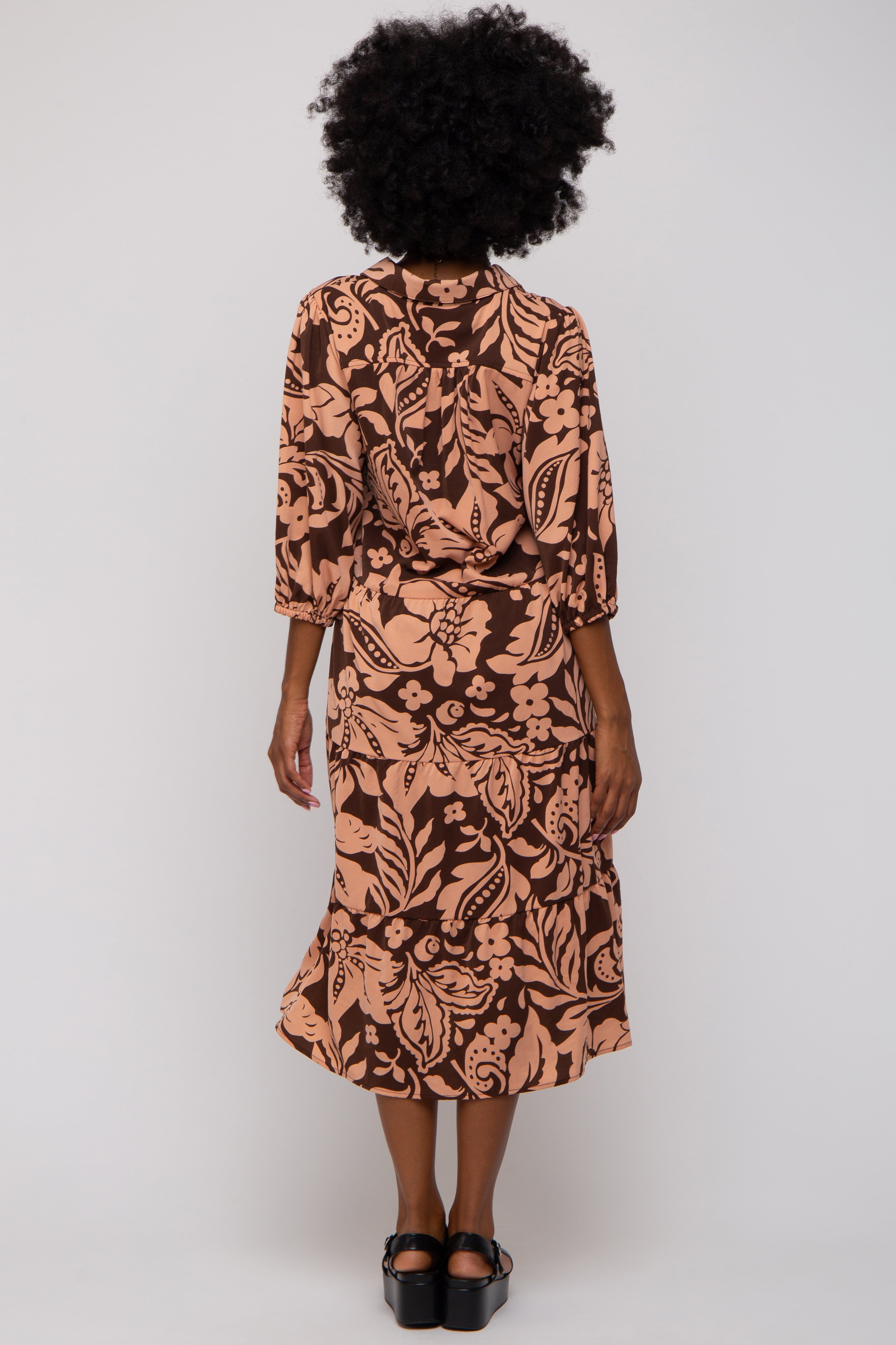 Brown Floral Collared Tiered Midi Dress sold by Pinkblush product image thumbnail 3