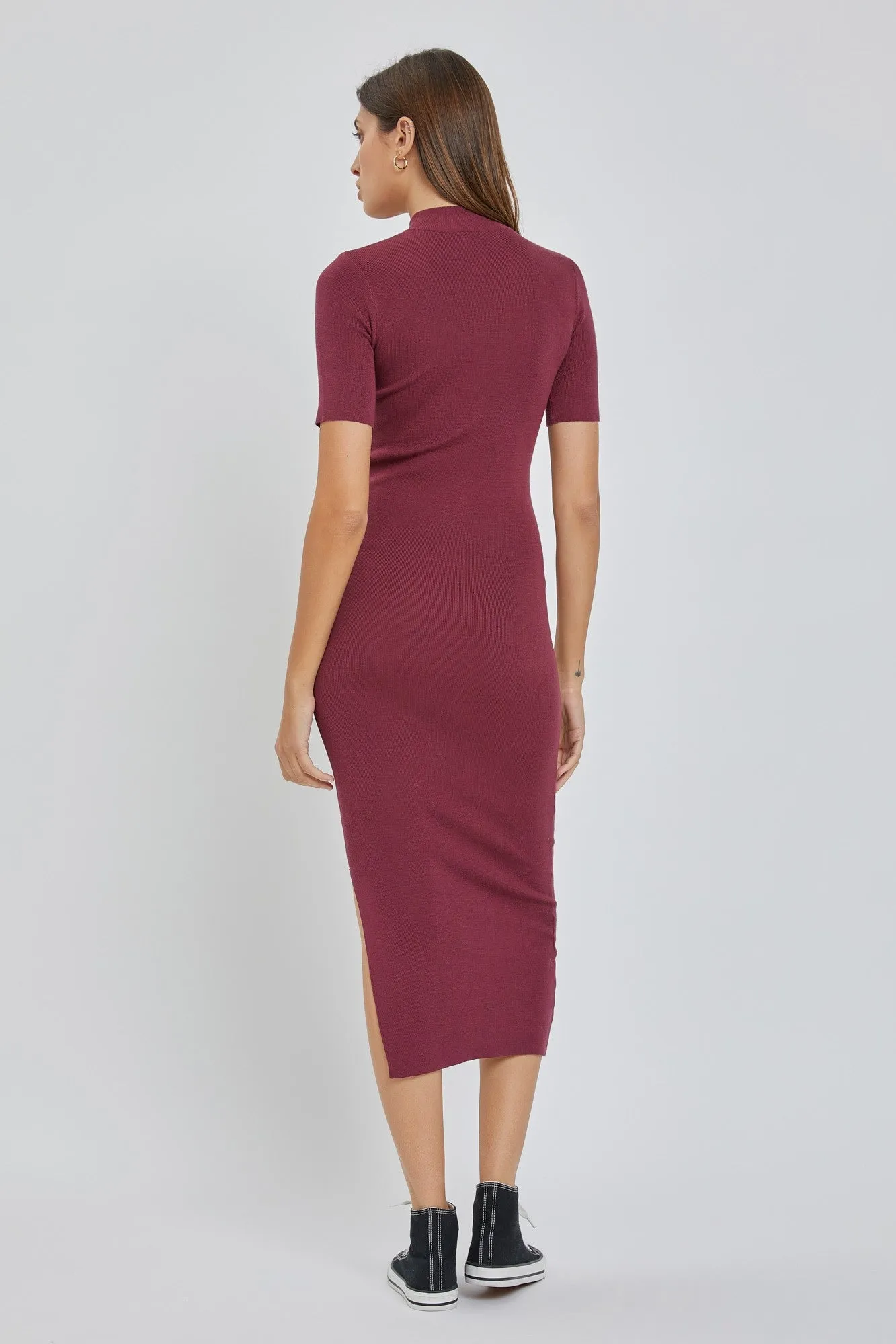 Burgundy Knit Fitted Mock Neck Midi Dress sold by Pinkblush product image thumbnail 3
