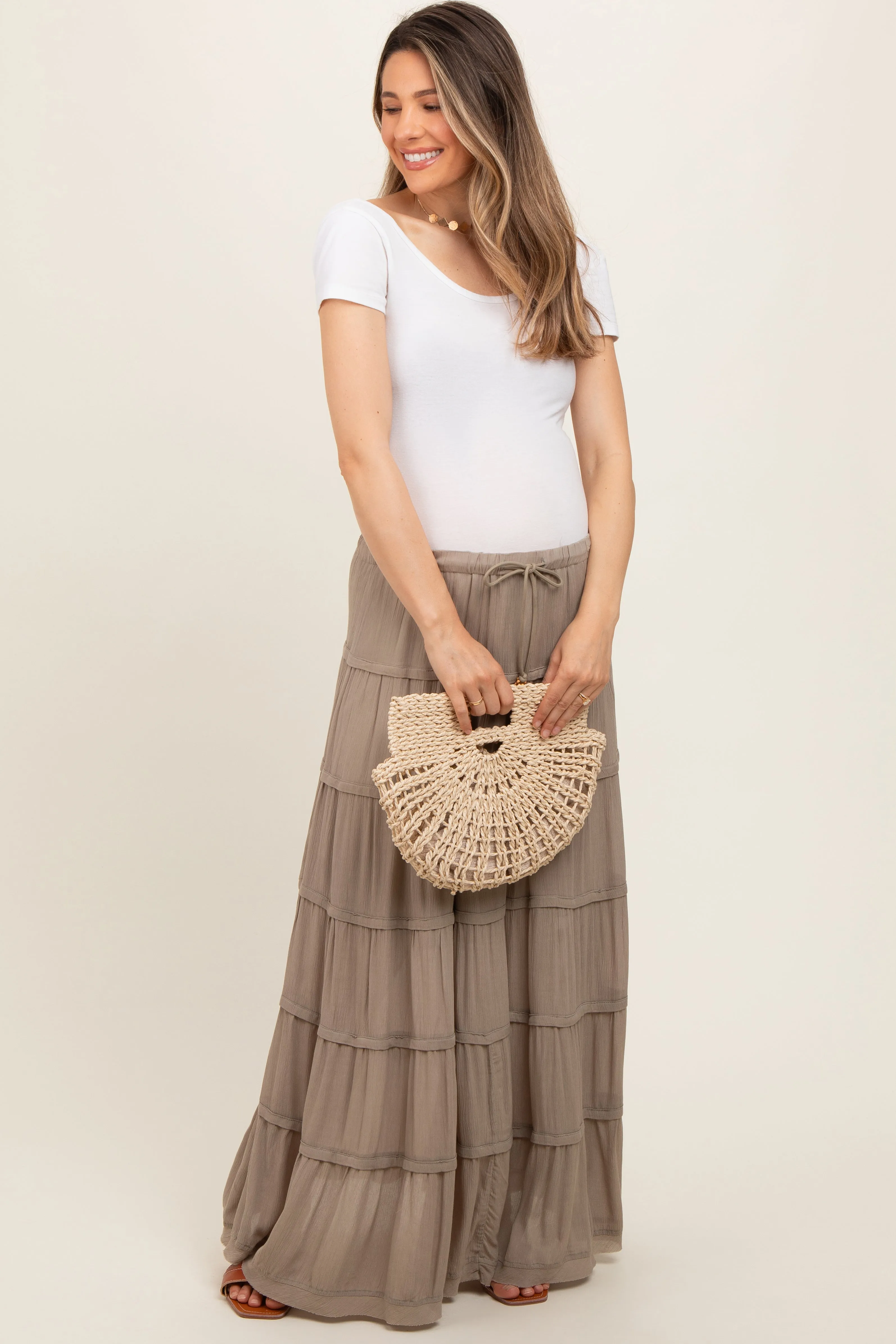 Olive Drawstring Tiered Maternity Maxi Skirt sold by Pinkblush product image thumbnail 2