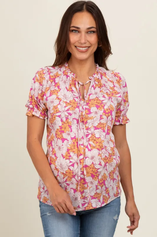 Magenta Floral Ruffle Tie Maternity Blouse sold by Pinkblush