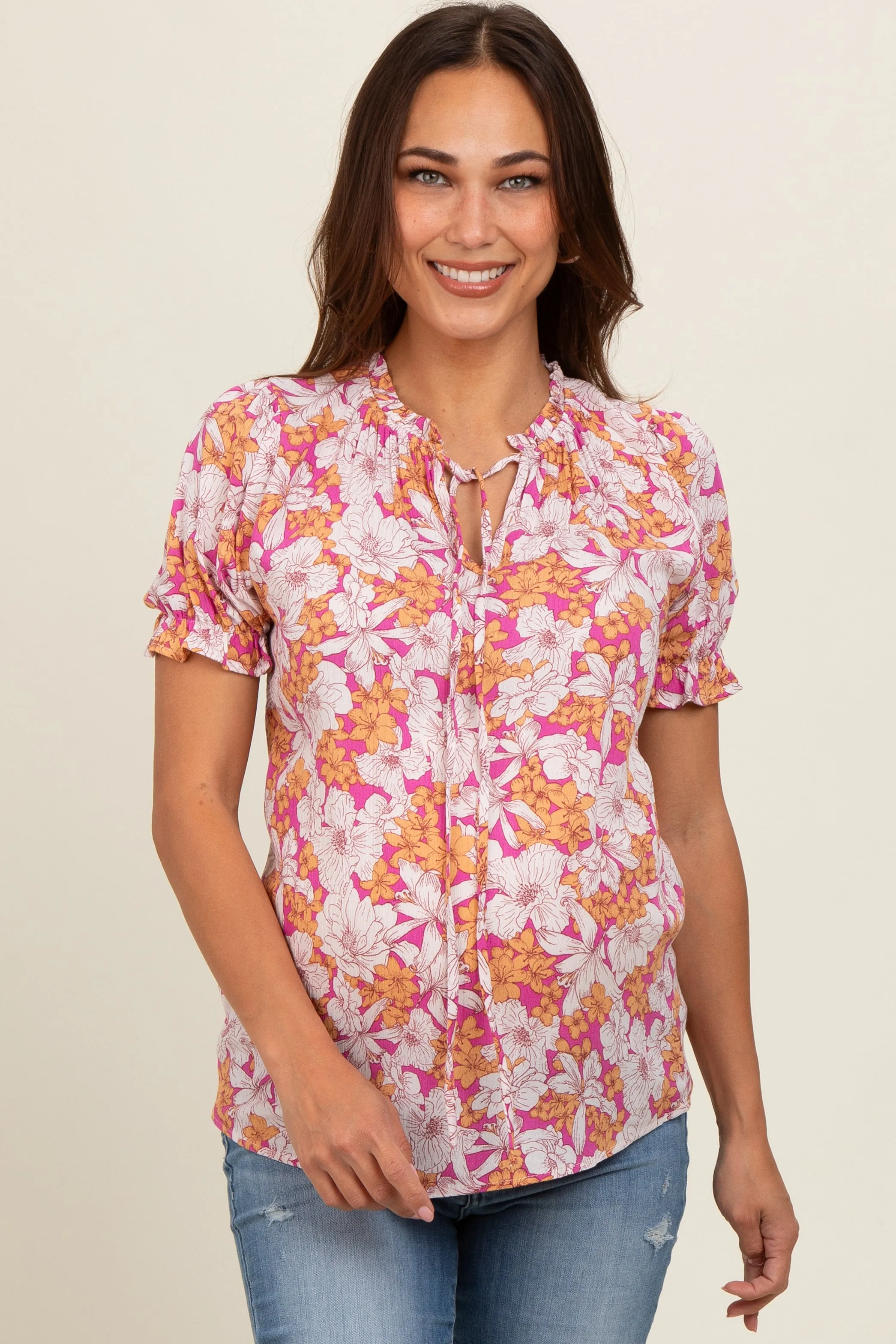 Magenta Floral Ruffle Tie Maternity Blouse sold by Pinkblush