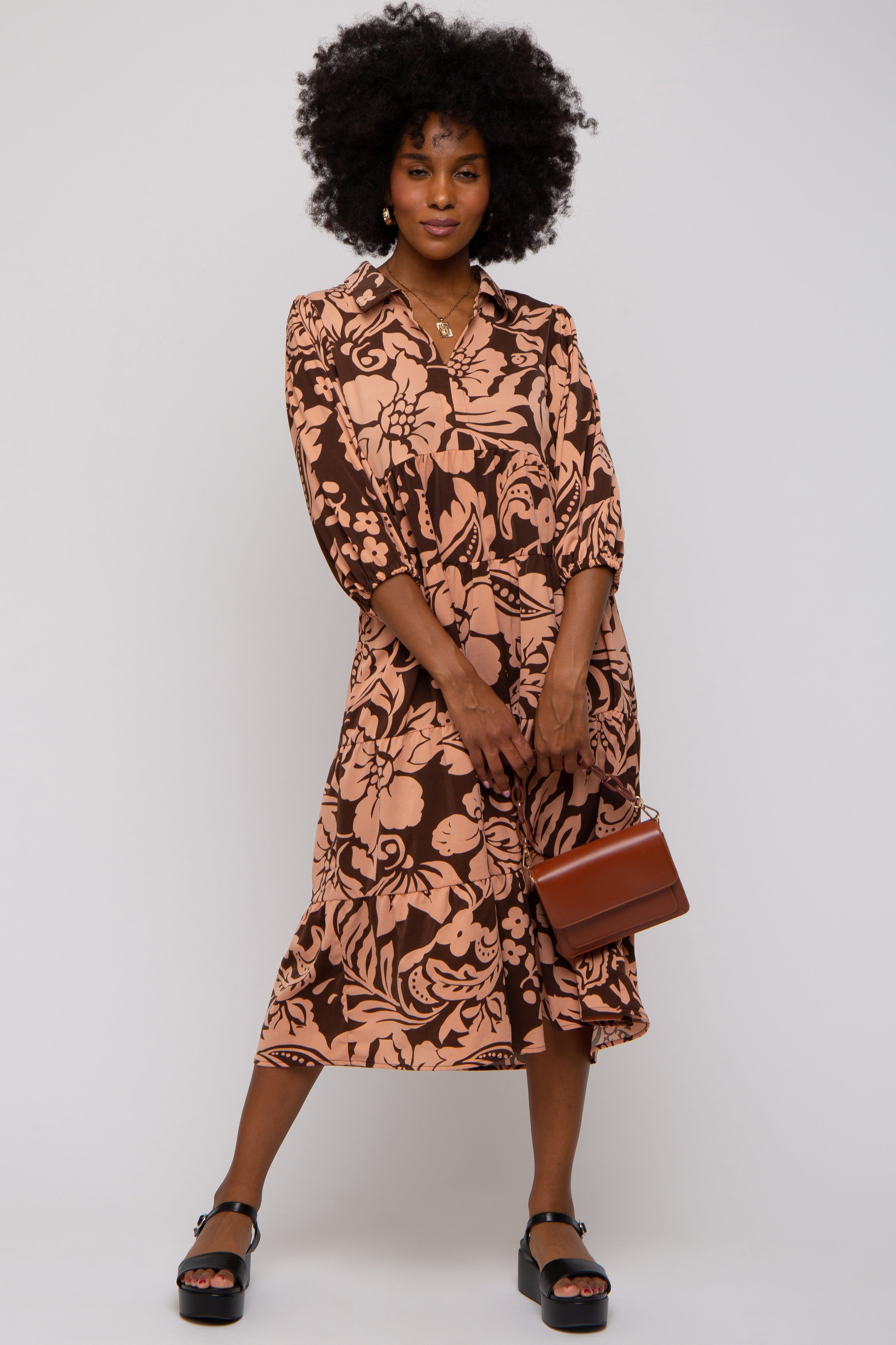 Brown Floral Collared Tiered Midi Dress sold by Pinkblush product image thumbnail 4